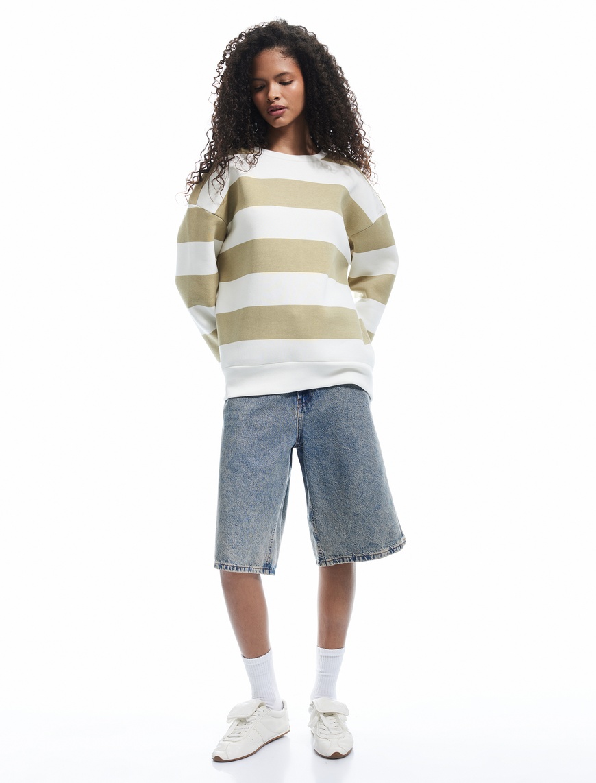   Üç İplik Şardonlu Çizgili Bisiklet Yaka Oversize Sweatshirt