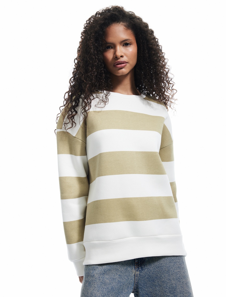   Üç İplik Şardonlu Çizgili Bisiklet Yaka Oversize Sweatshirt
