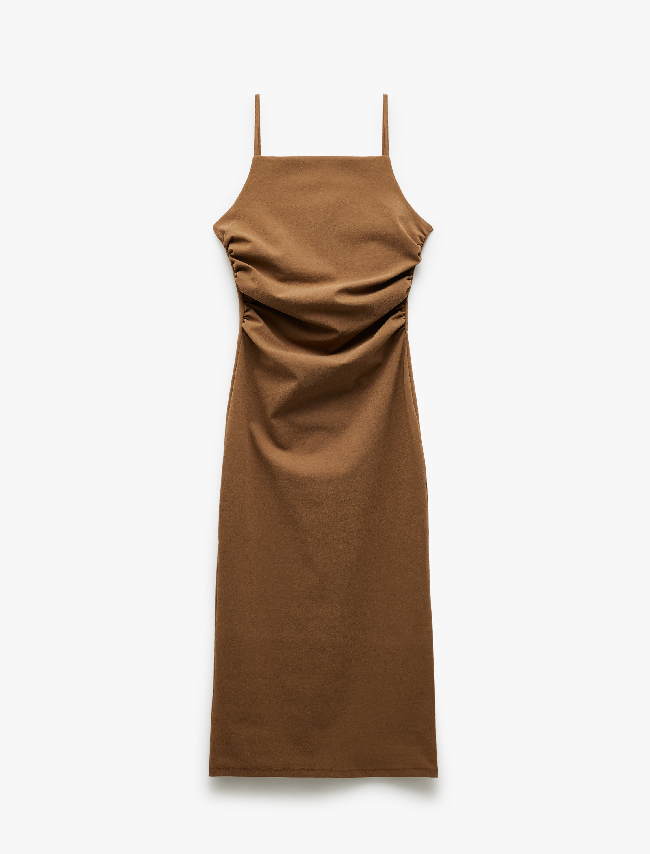 İp Askılı Kare Yaka Drapeli Yırtmaçlı Midi Elbise