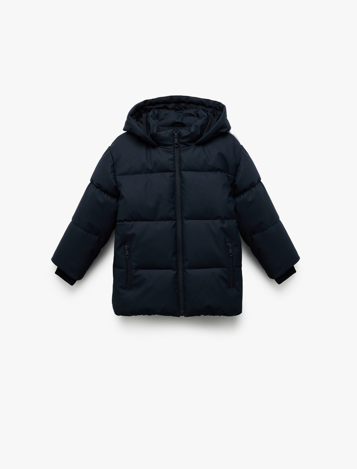 Erkek Çocuk Fermuarlı Kapüşonlu Cep Detaylı Şişme Mont