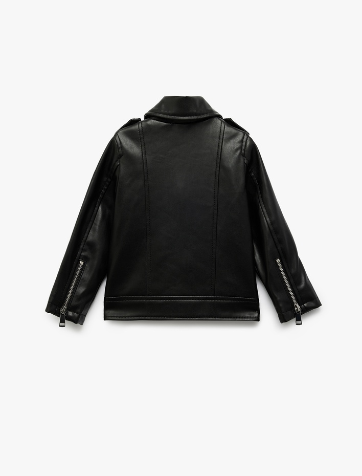 Kız Bebek Fermuarlı Suni Deri Cep Detaylı Biker Ceket