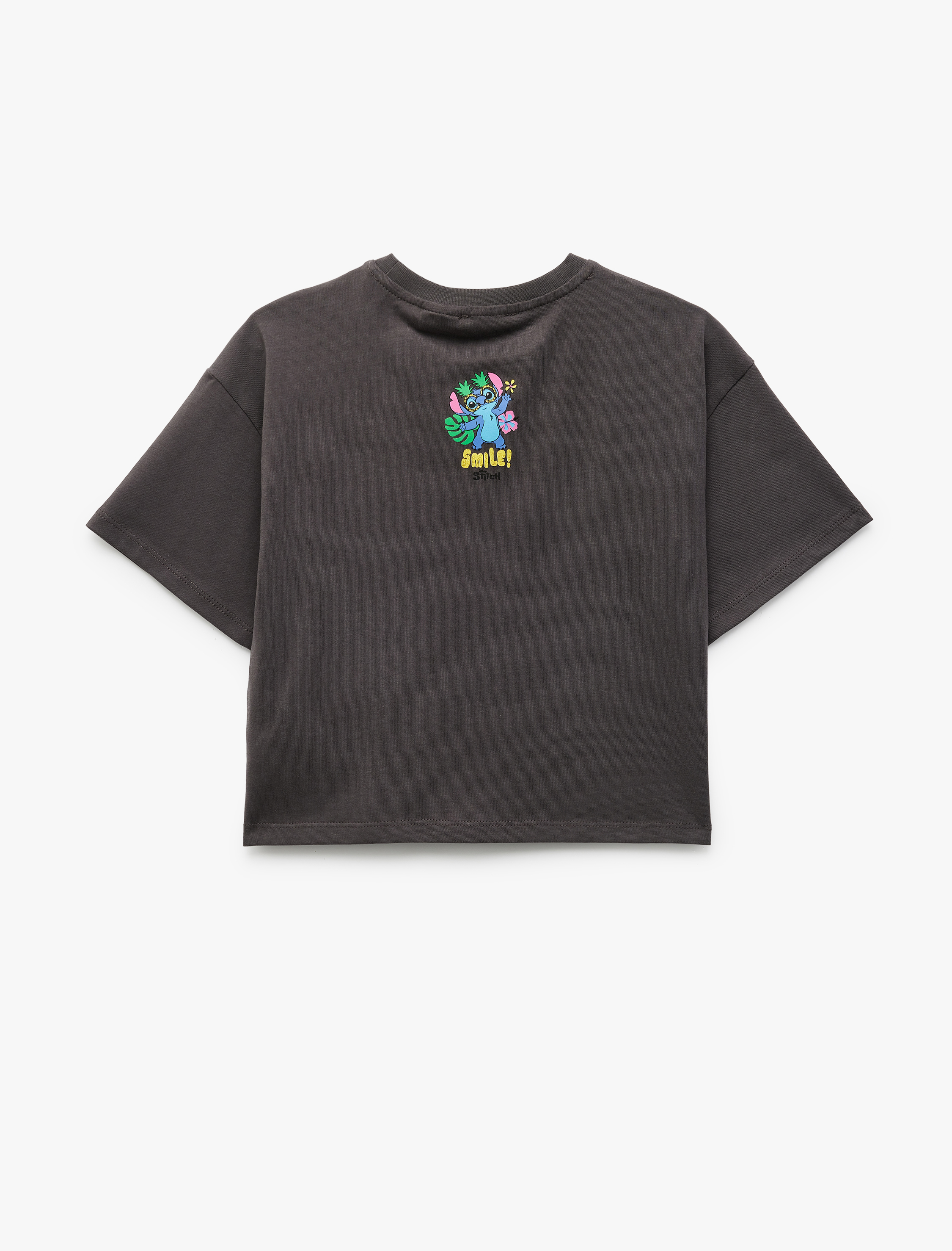  Kız Çocuk Pamuklu Bisiklet Yaka Kısa Kollu Lisanslı Simli Stitch Baskılı Tişört