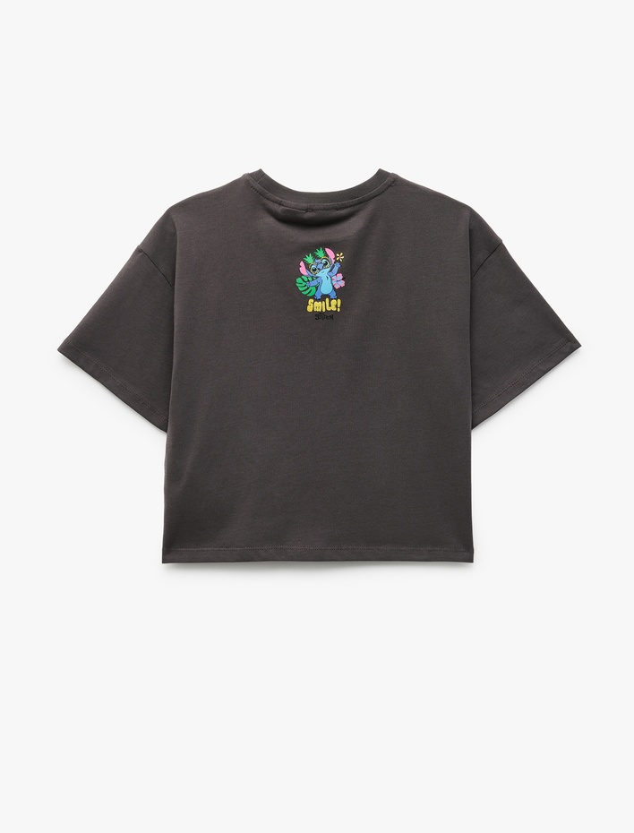 Kız Çocuk Pamuklu Bisiklet Yaka Kısa Kollu Lisanslı Simli Stitch Baskılı Tişört