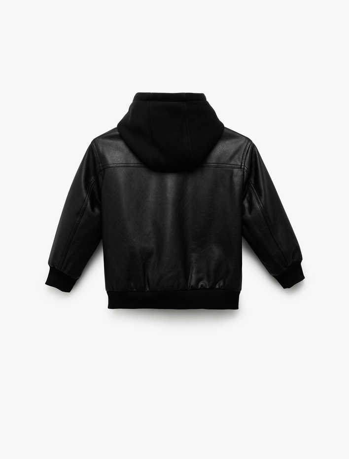 Erkek Çocuk Kapşonlu Çıtçıt Düğmeli Cepli Suni Deri Bomber Ceket