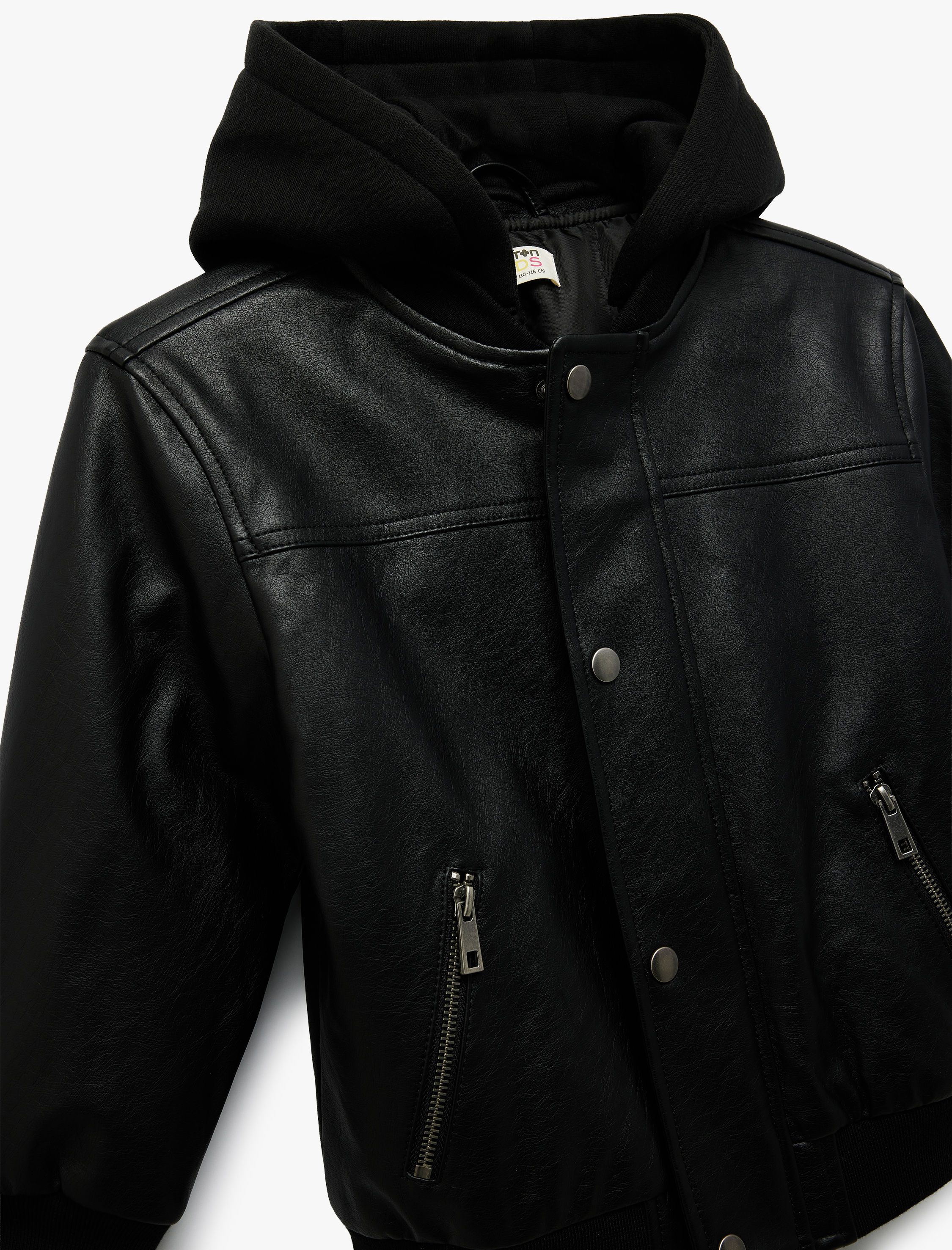  Erkek Çocuk Kapşonlu Çıtçıt Düğmeli Cepli Suni Deri Bomber Ceket