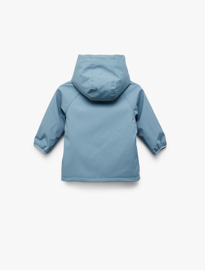 Erkek Bebek Kapşonlu Suni Deri Cep Detaylı Fermuarlı Yağmurluk