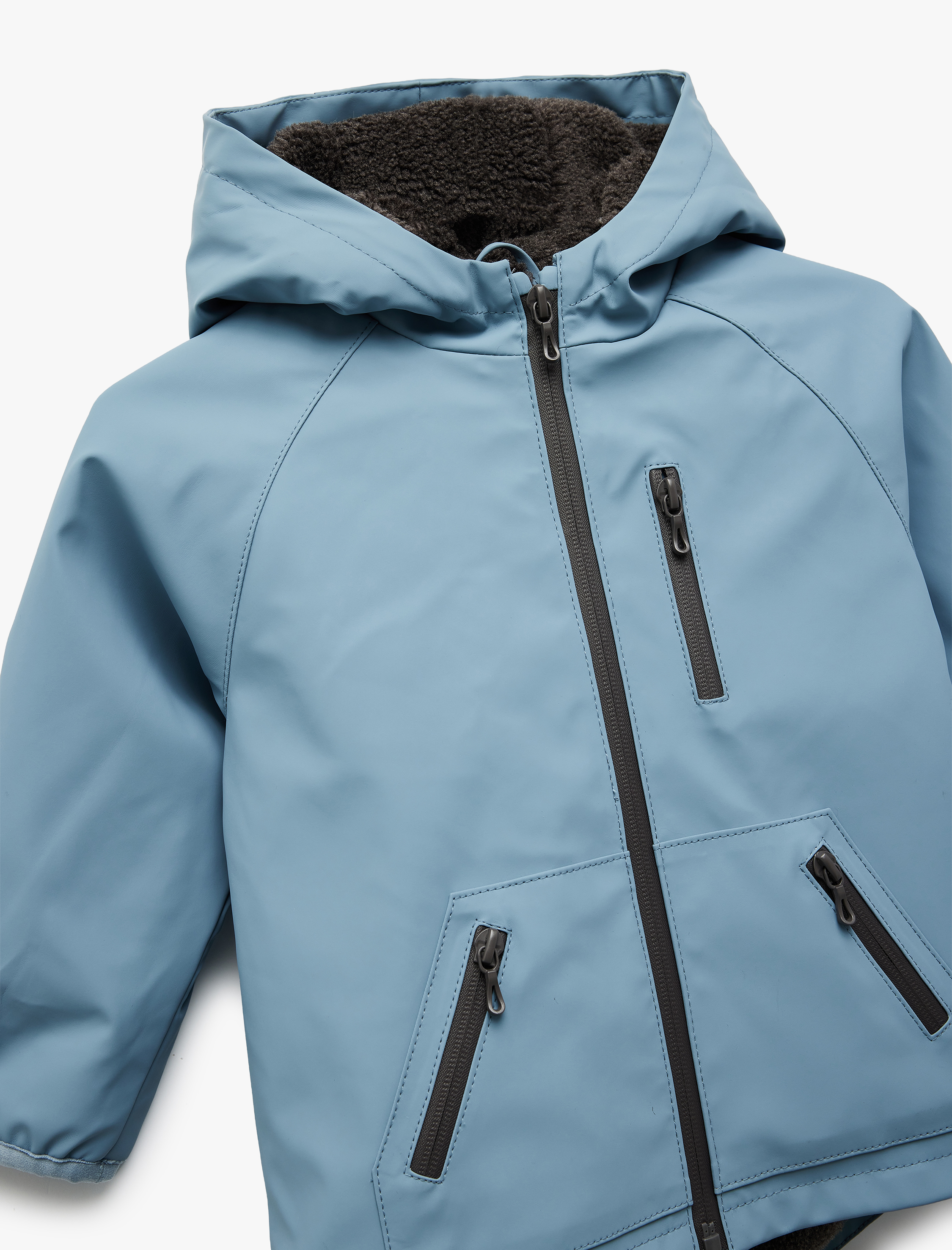  Erkek Bebek Kapşonlu Suni Deri Cep Detaylı Fermuarlı Yağmurluk