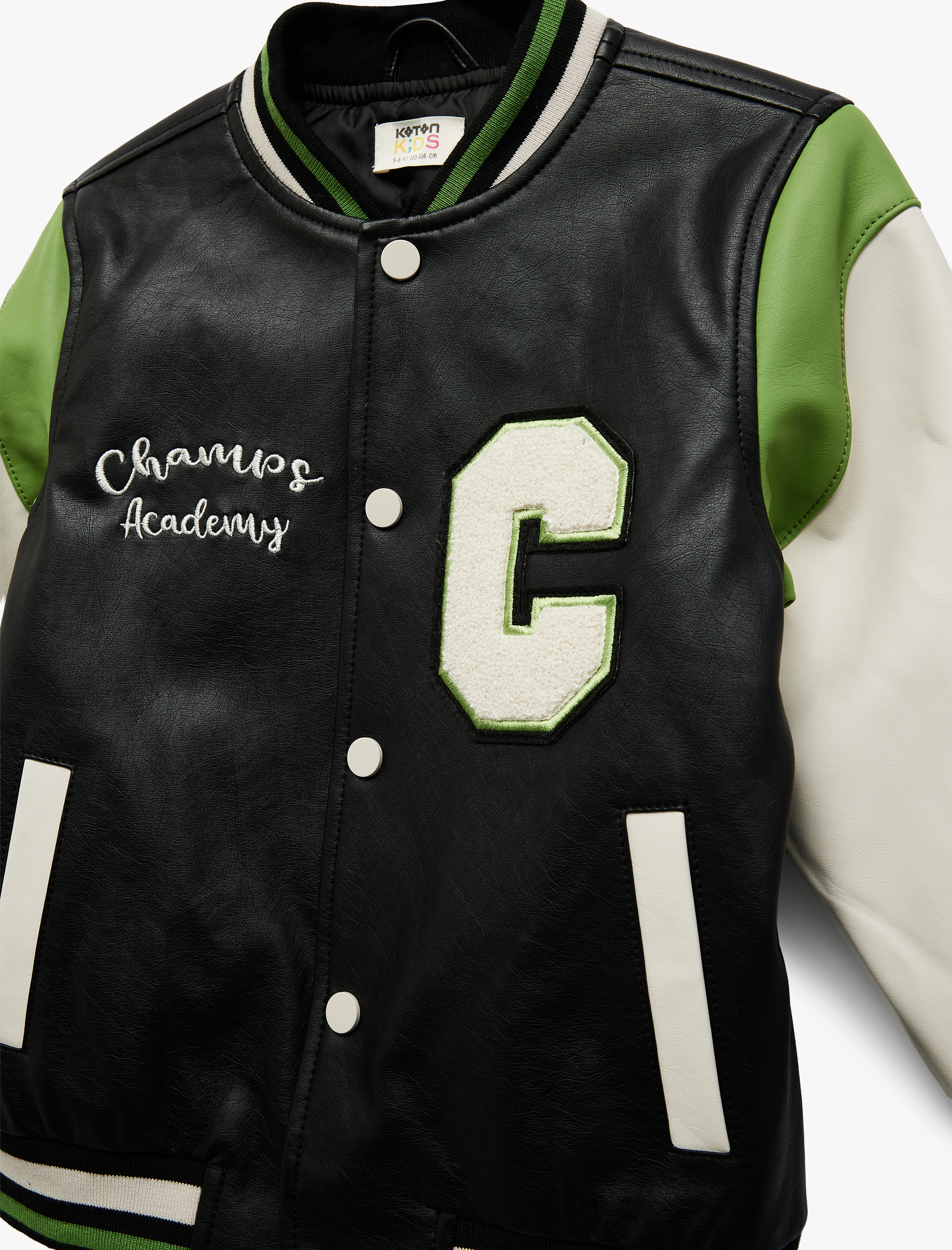  Erkek Çocuk Bomber Kolej Ceket Deri Görünümlü Aplike Detaylı Cepli