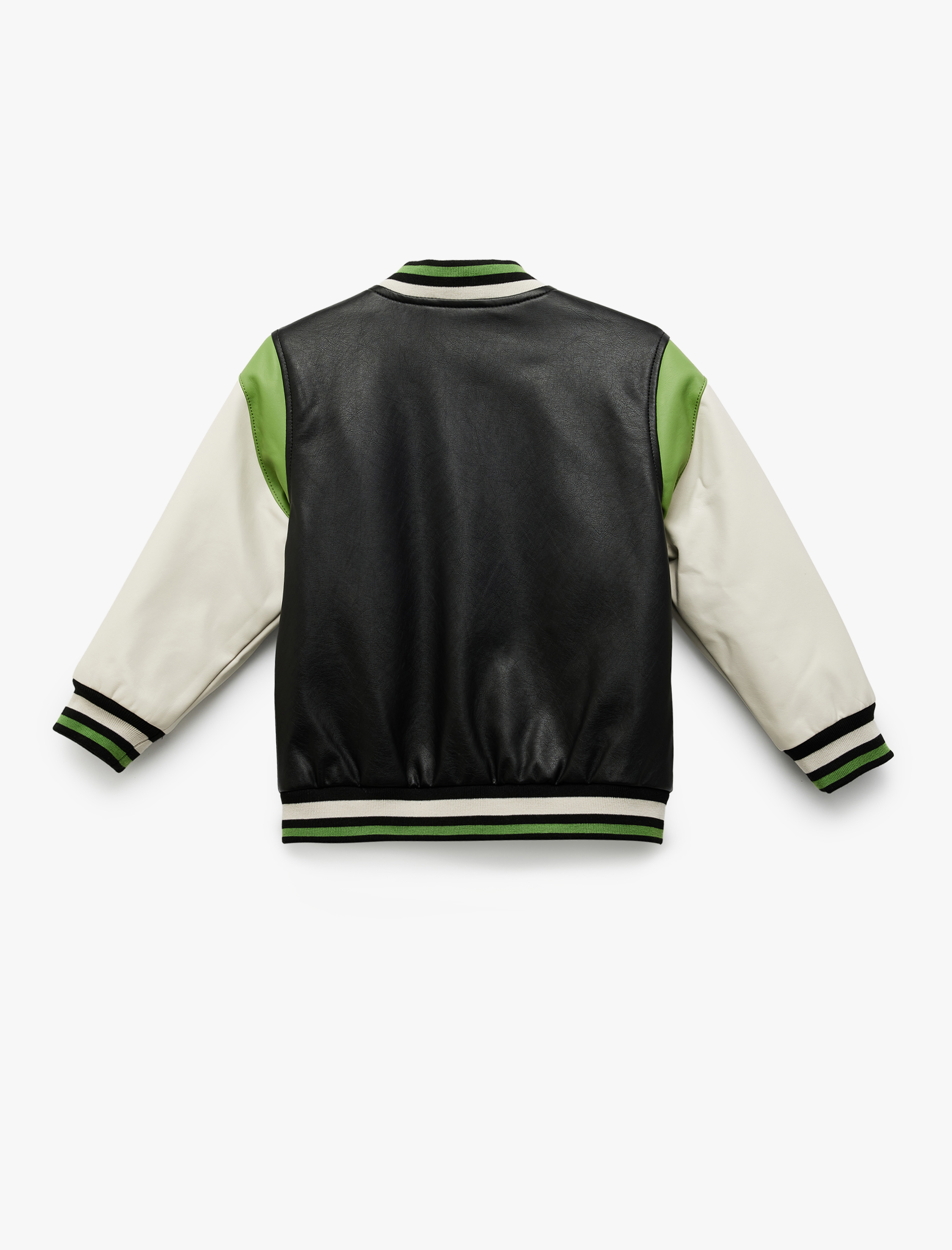  Erkek Çocuk Bomber Kolej Ceket Deri Görünümlü Aplike Detaylı Cepli