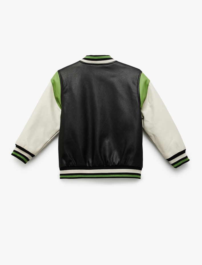 Erkek Çocuk Bomber Kolej Ceket Deri Görünümlü Aplike Detaylı Cepli