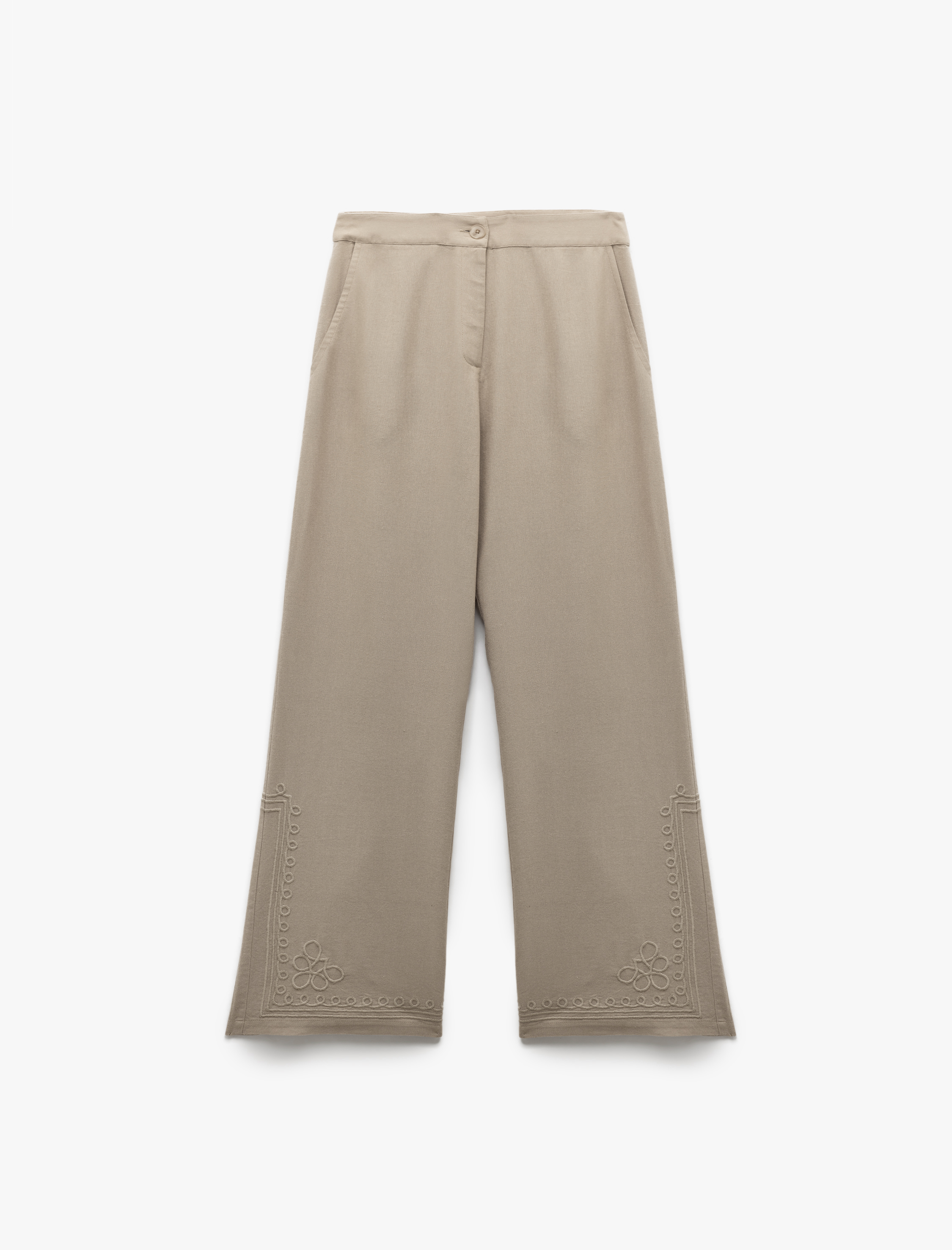   Pamuk Viskon Kumaş Yüksek Bel Cepli İşleme Detaylı Palazzo Pantolon