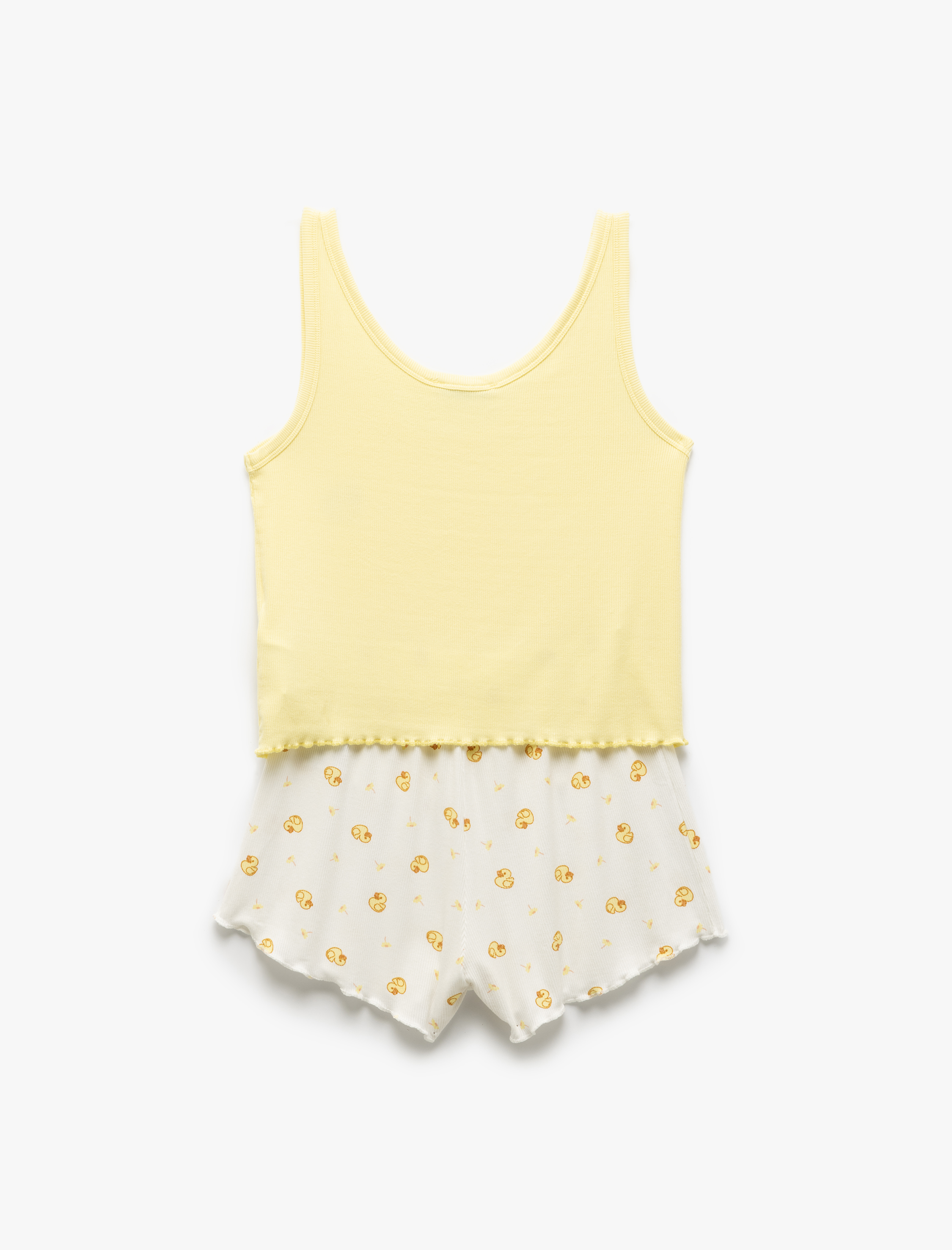   Viskon Kumaş Ördek Baskılı Askılı Şortlu Pijama Takımı