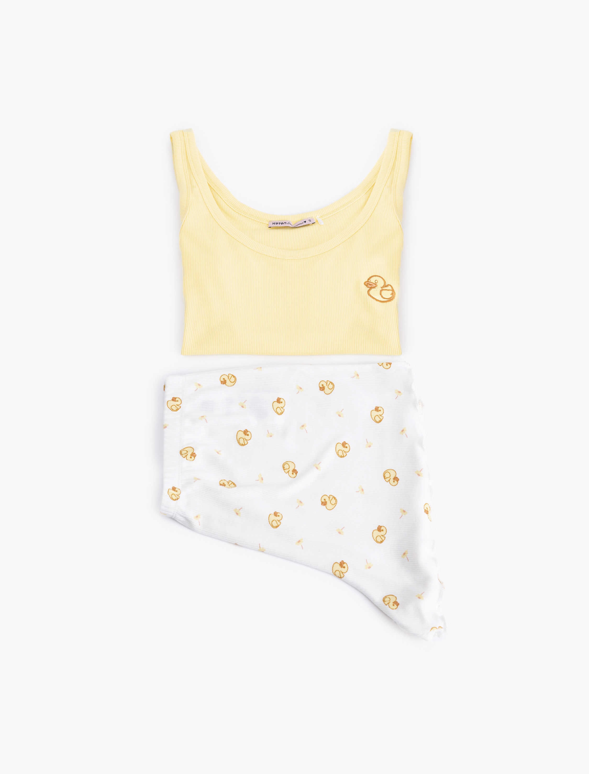 Koton Kadın Viskon Kumaş Ördek Baskılı Askılı Şortlu Pijama Takımı -1