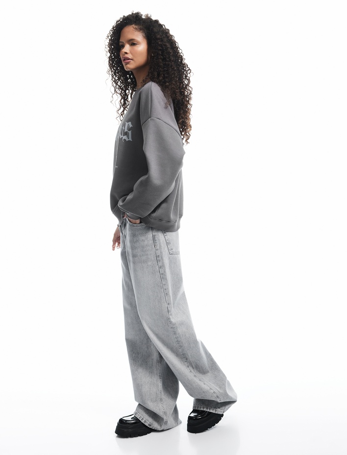 Üç İplik Şardonlu Bisiklet Yaka Baskılı Oversize Sweatshirt
