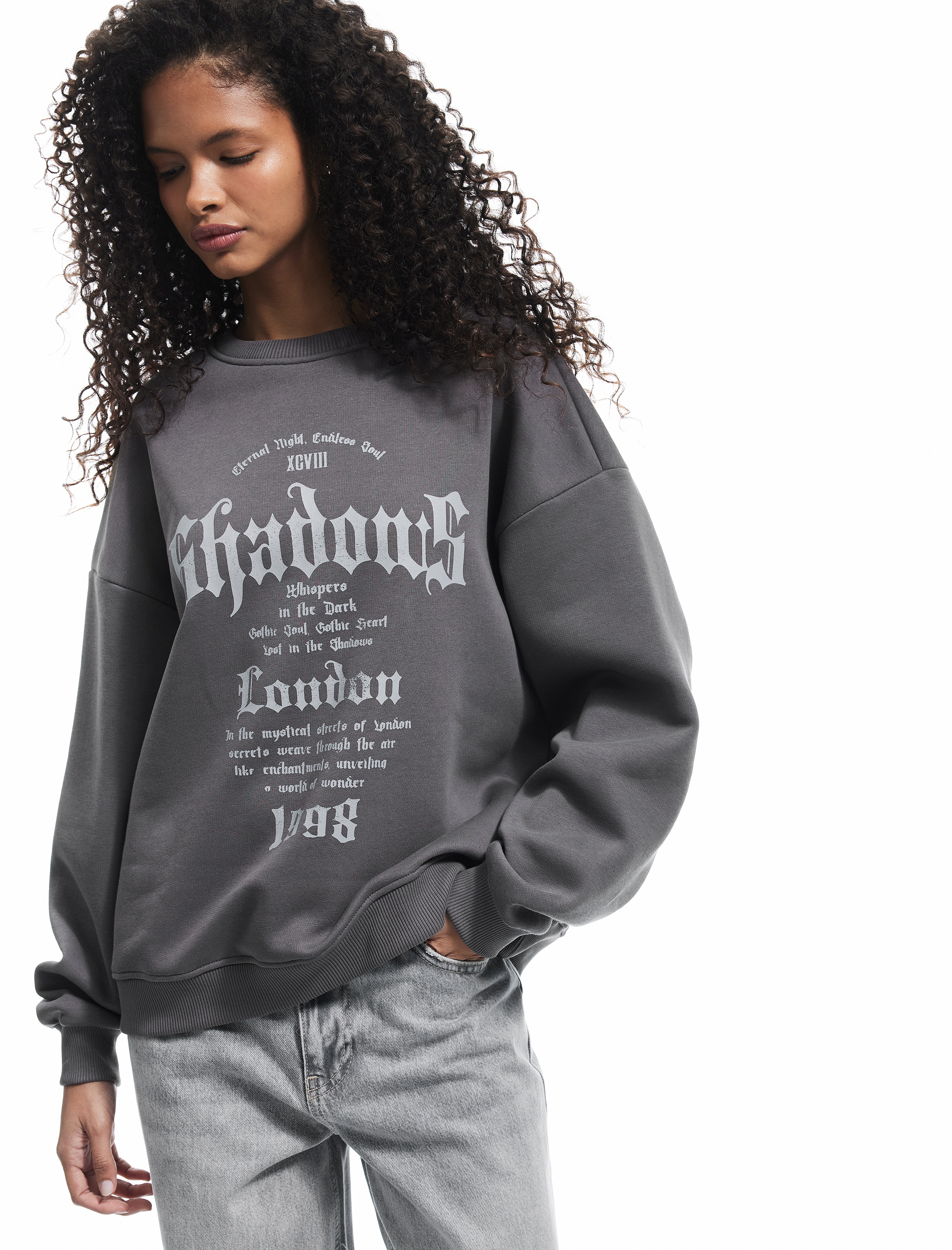   Üç İplik Şardonlu Bisiklet Yaka Baskılı Oversize Sweatshirt