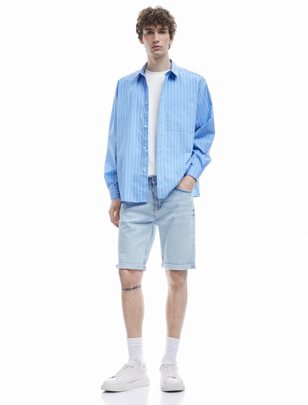 Pamuklu Bermuda Slim Fit Jean Şort_0