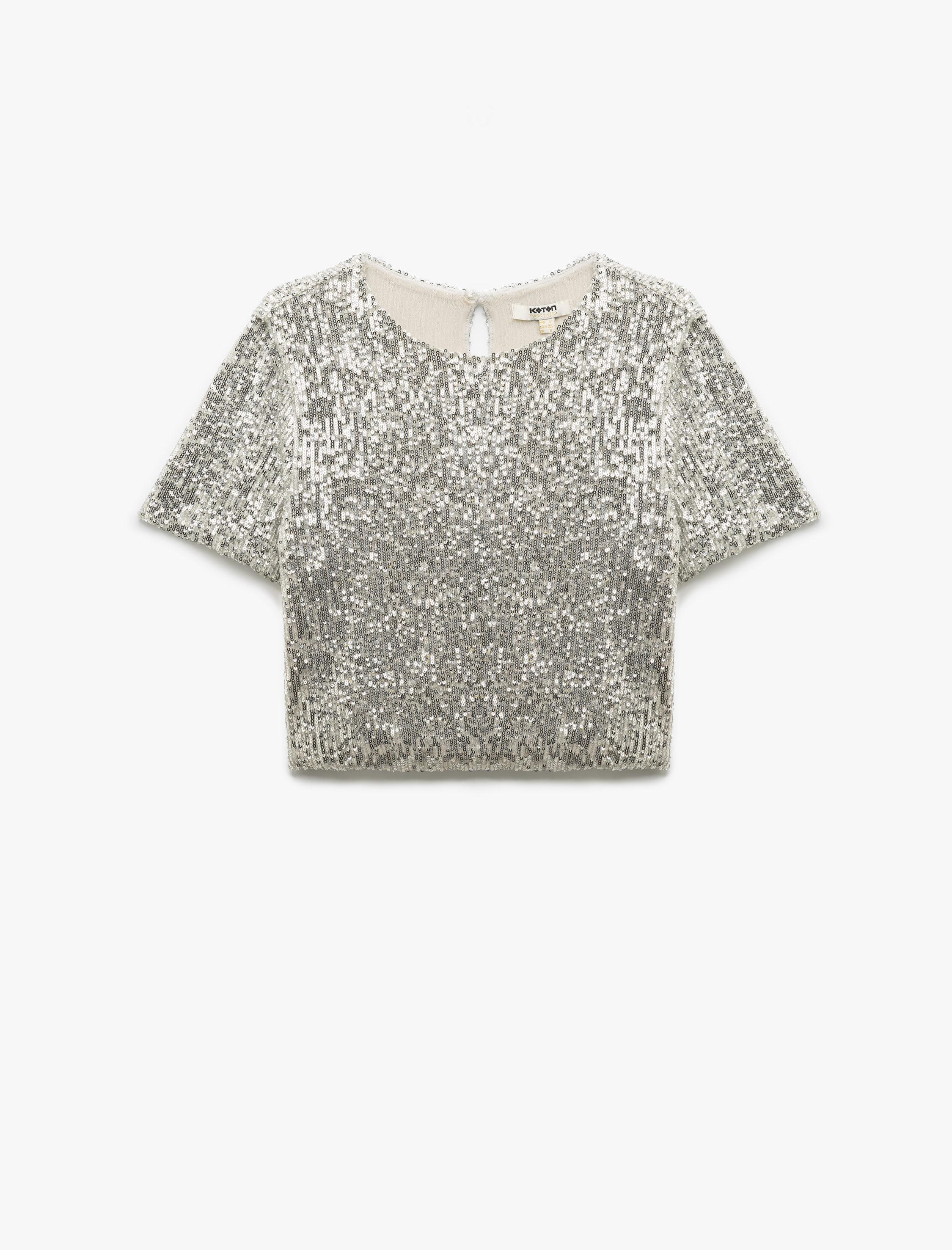   Kısa Kollu Bisiklet Yaka Pullu Payetli Crop Abiye Bluz