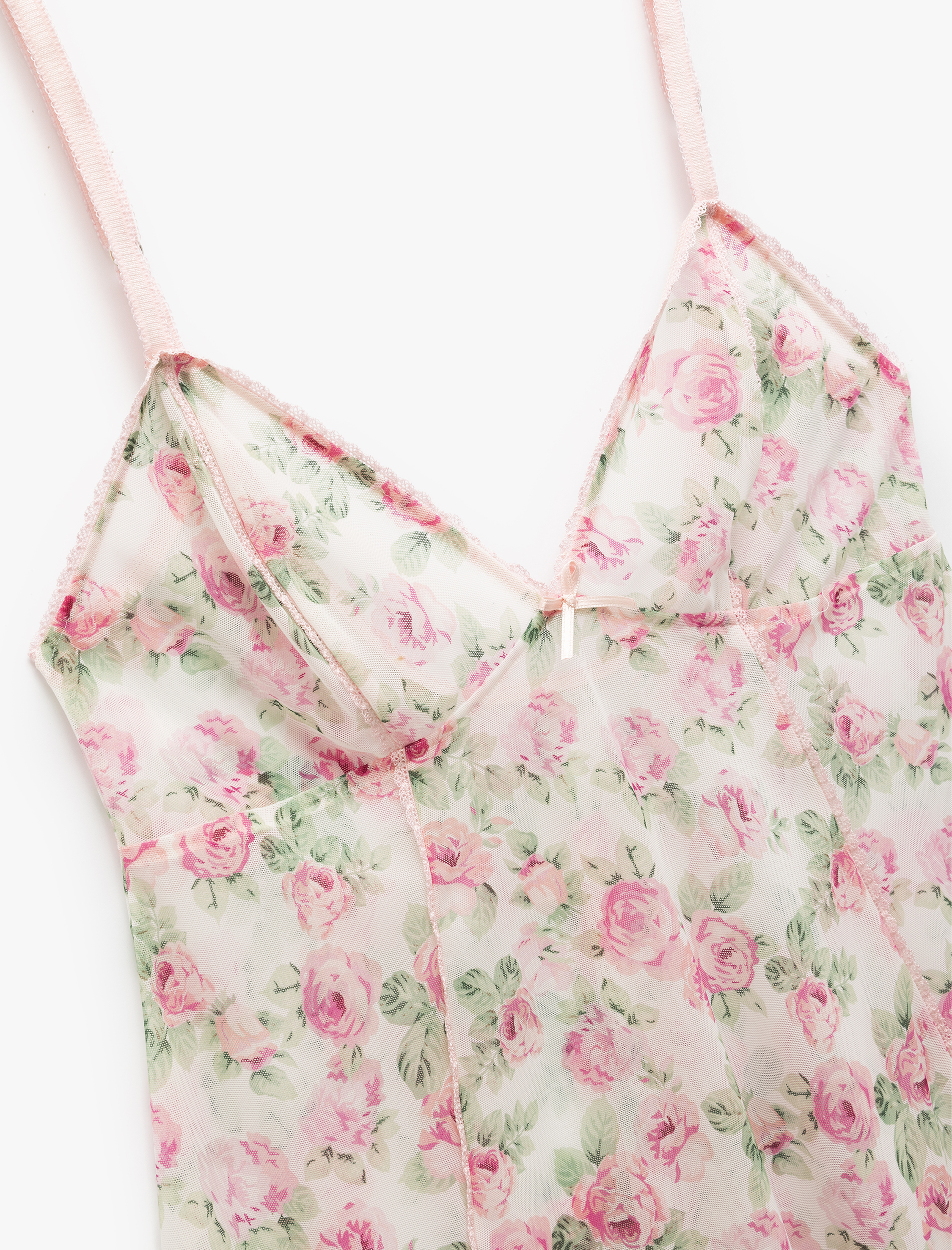   Fiyonk Detaylı Transparan Kalp Yaka Gül Baskılı İnce Askılı Mini Gecelik