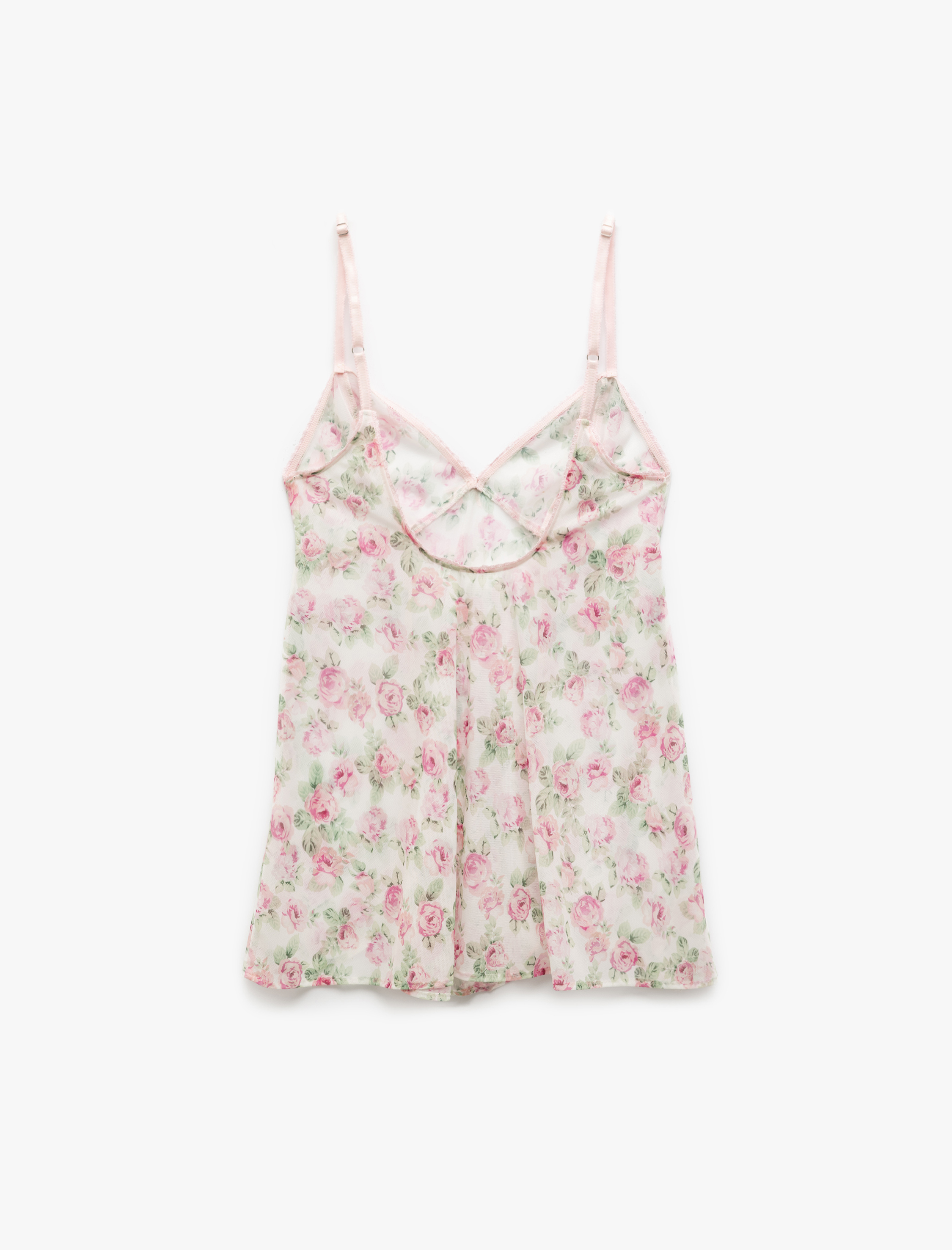   Fiyonk Detaylı Transparan Kalp Yaka Gül Baskılı İnce Askılı Mini Gecelik