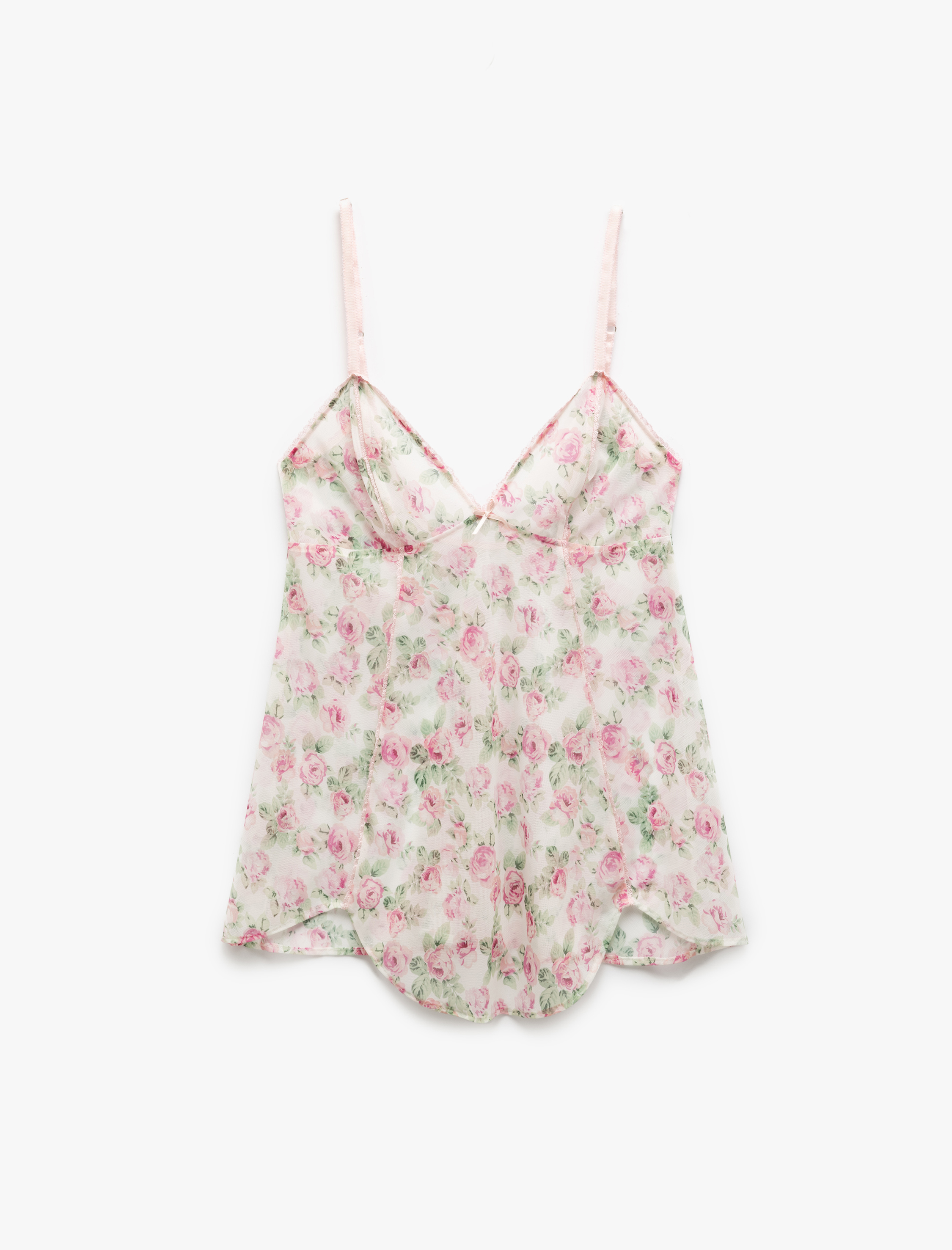   Fiyonk Detaylı Transparan Kalp Yaka Gül Baskılı İnce Askılı Mini Gecelik