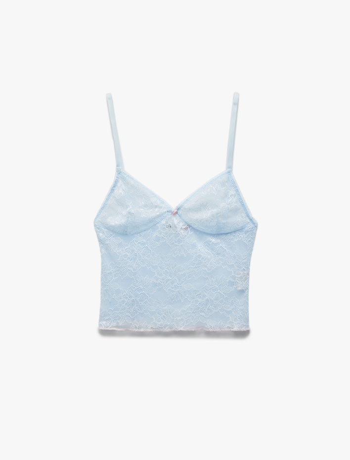  Kalp Yaka İnce Askılı Dantelli Pijama Üstü