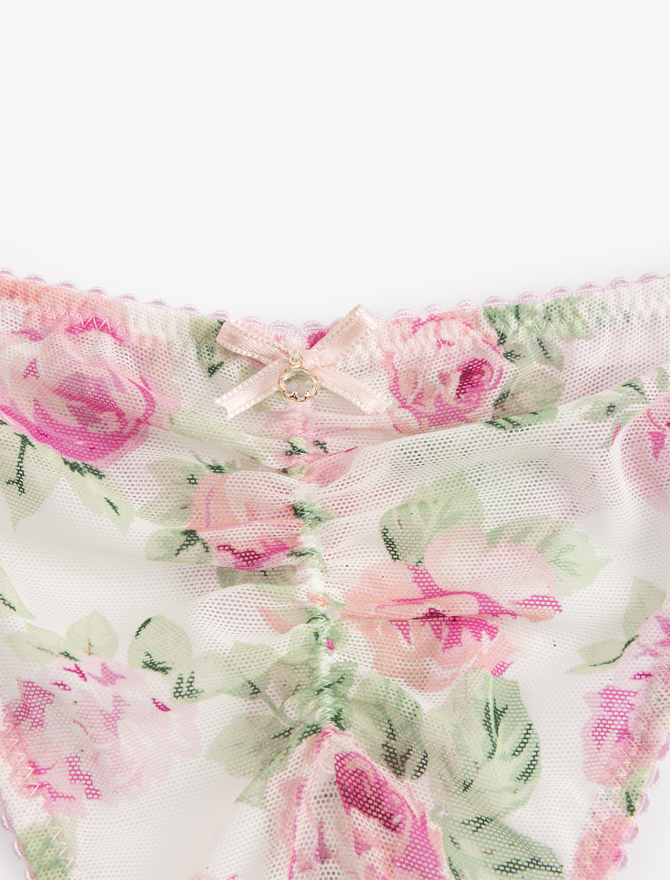   Fiyonk Detaylı Gül Baskılı Tül String Külot