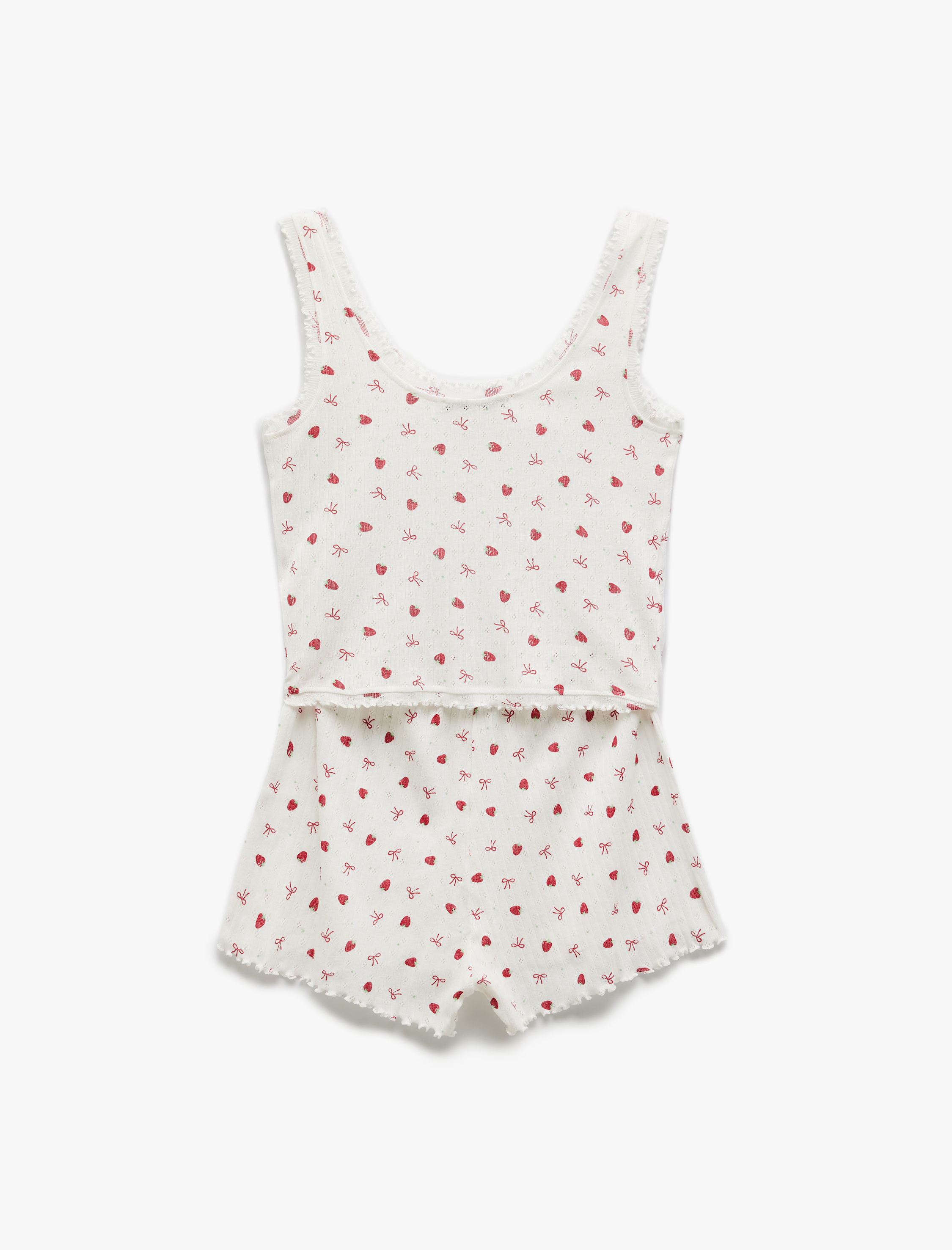   Pamuklu U Yaka Kolsuz Çilek Baskılı Şortlu Pijama Takımı