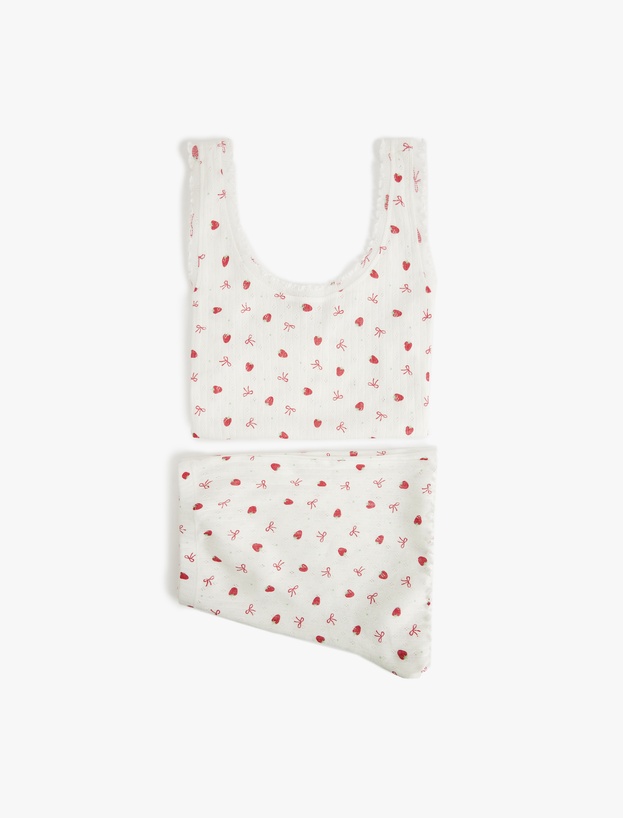 Pamuklu U Yaka Kolsuz Çilek Baskılı Şortlu Pijama Takımı_0