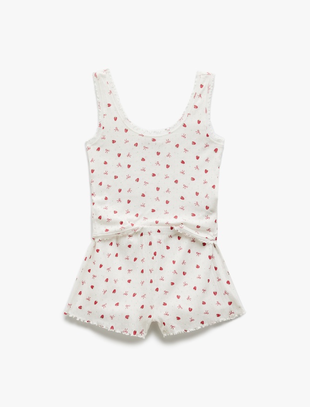 Pamuklu U Yaka Kolsuz Çilek Baskılı Şortlu Pijama Takımı_1