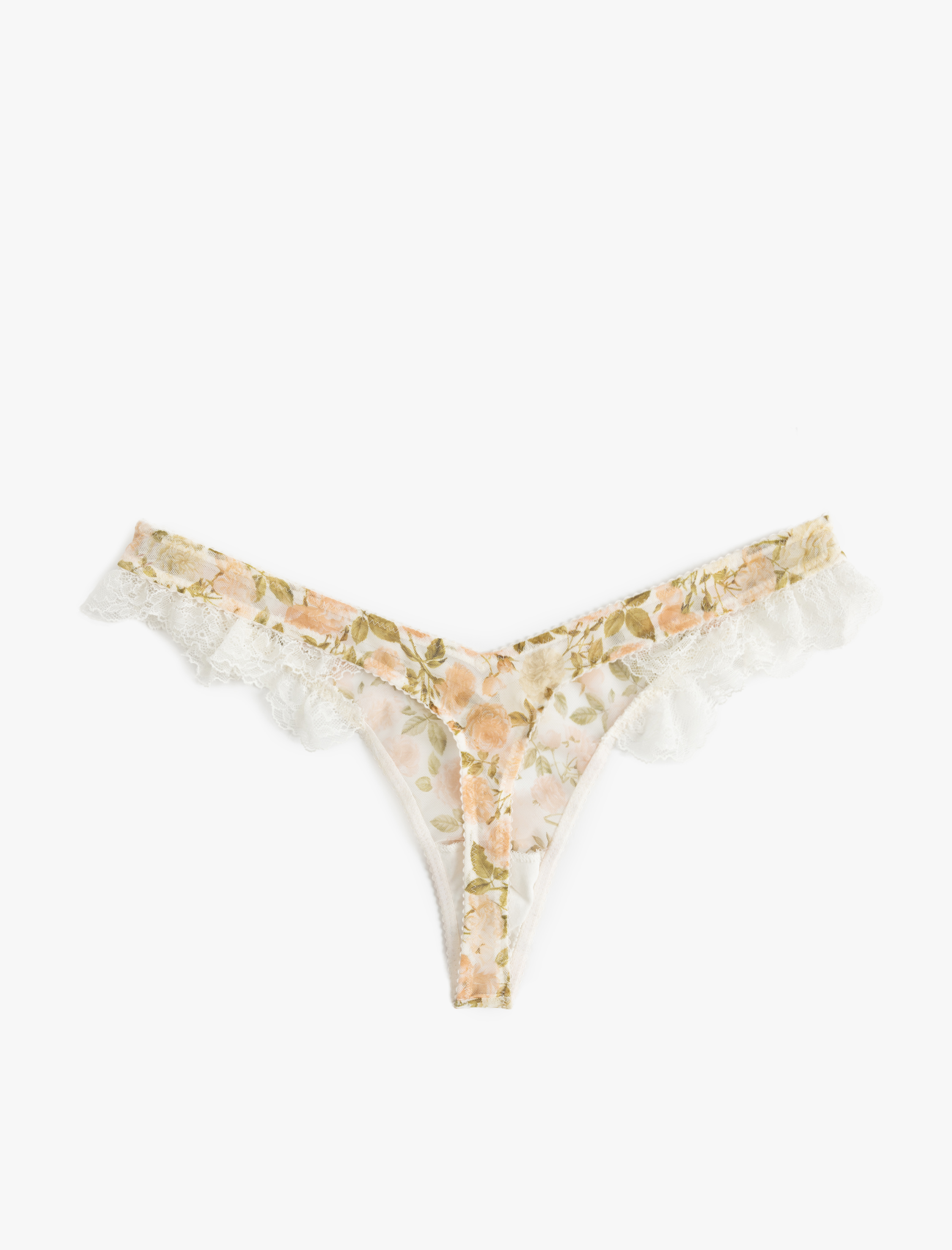   Dantel Detaylı Fırfırlı Tül Gül Baskılı String Külot