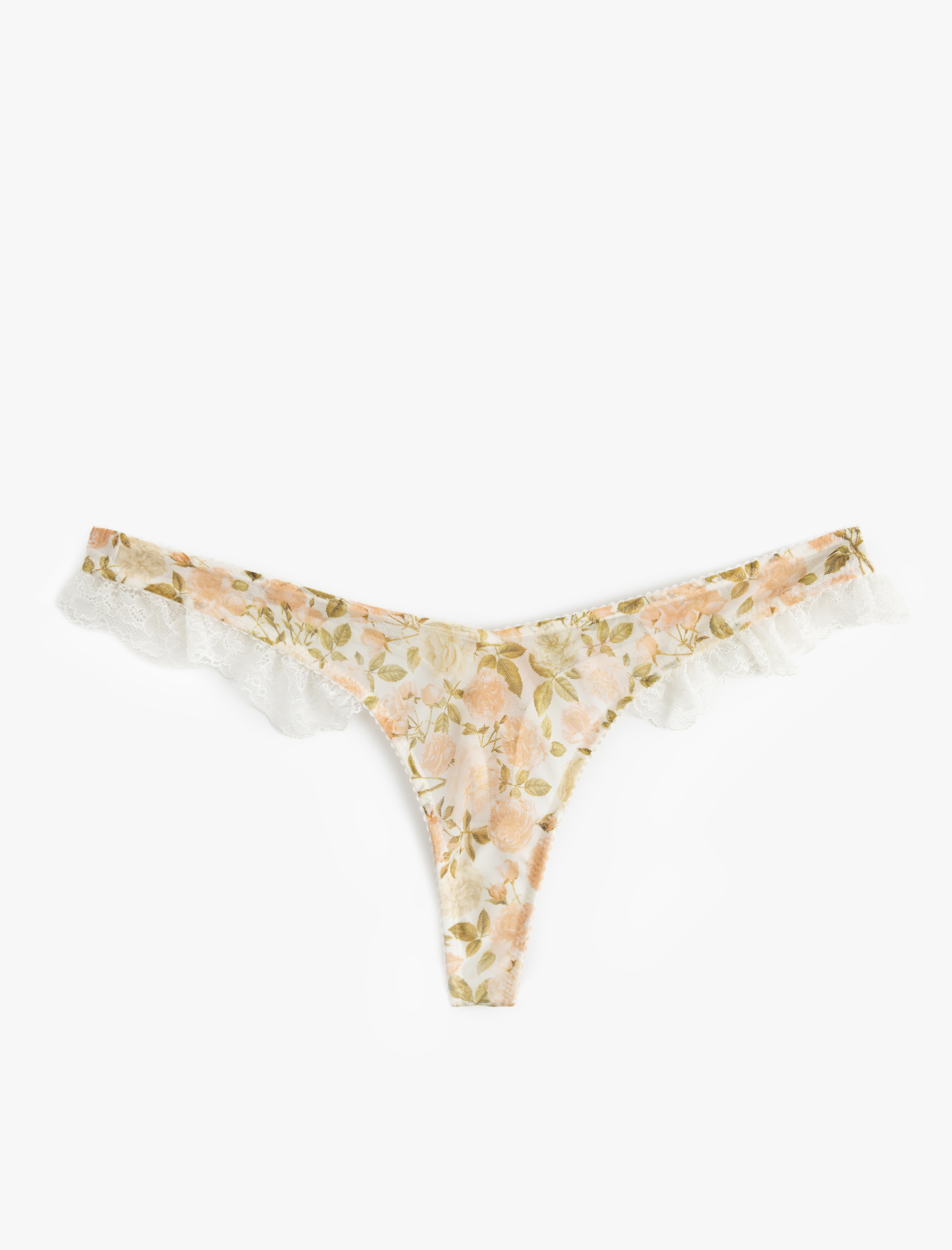  Dantel Detaylı Fırfırlı Tül Gül Baskılı String Külot