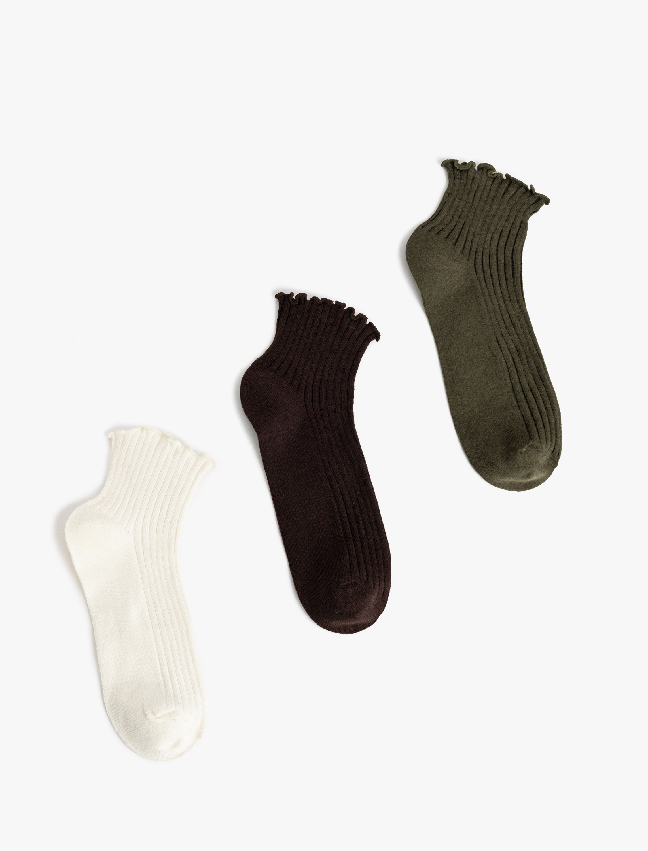  Kadın Çok Renkli Fırfır Detaylı 3'lü Patik Çorap Seti