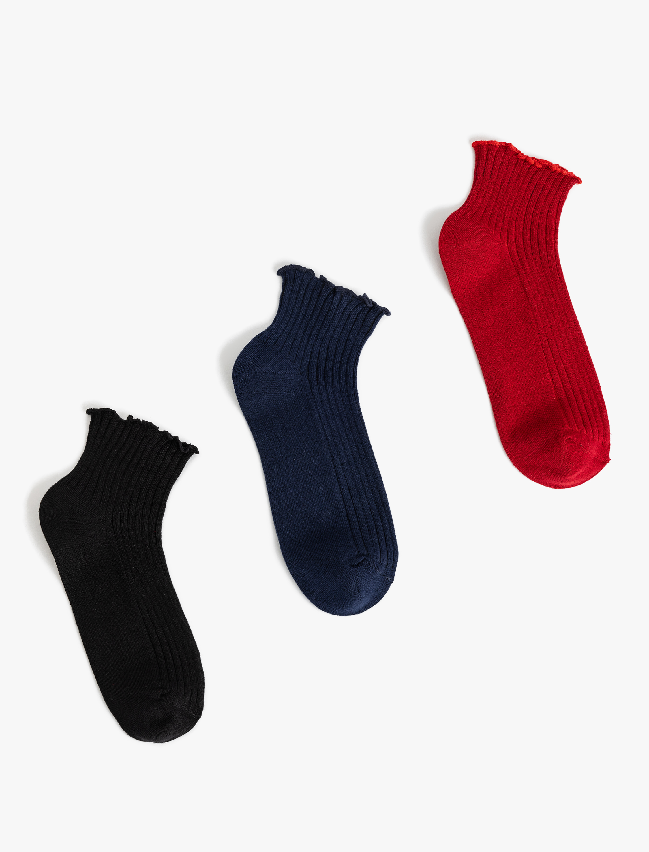  Kadın Çok Renkli Fırfır Detaylı 3'lü Patik Çorap Seti