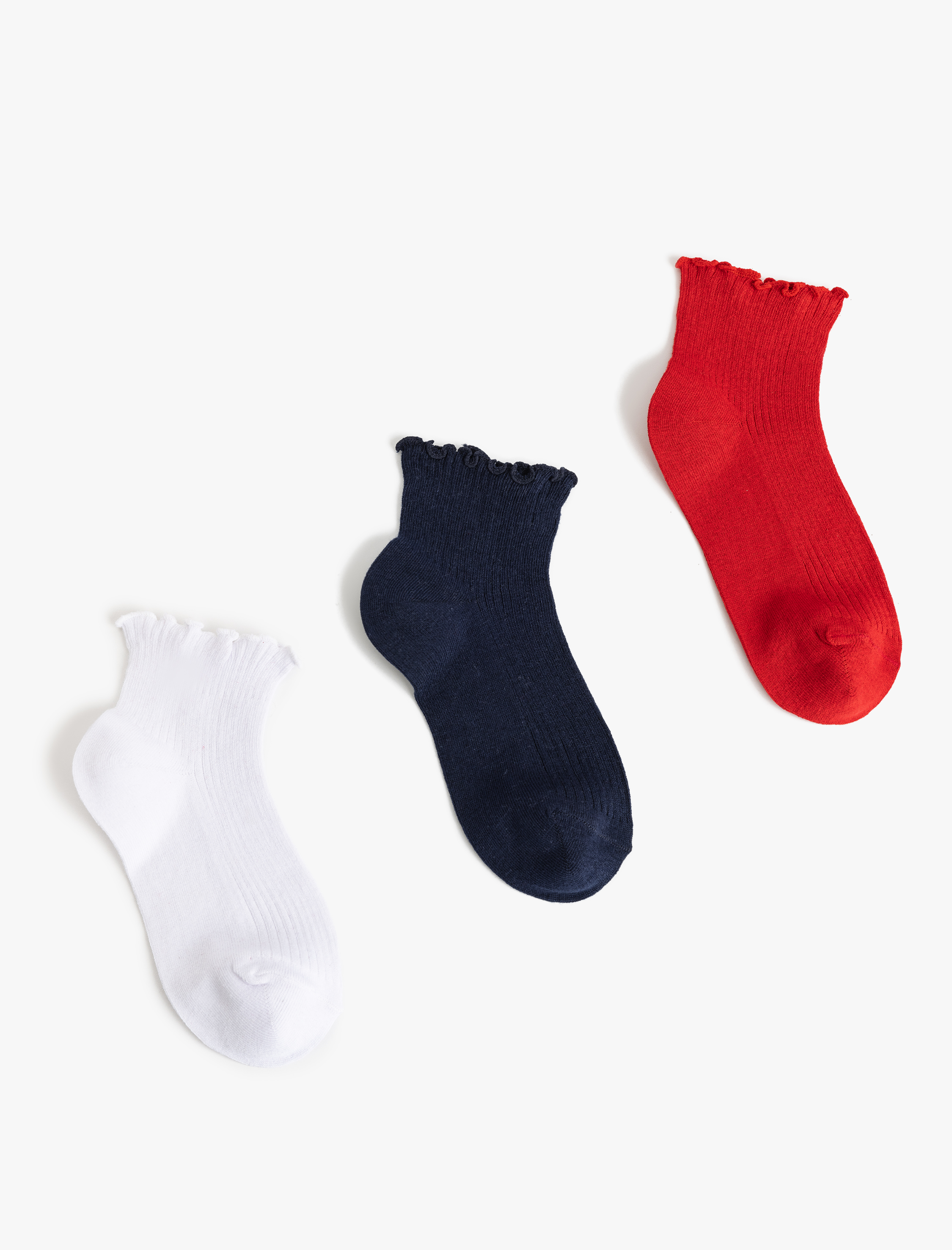  Kadın Çok Renkli Fırfır Detaylı 3'lü Patik Çorap Seti