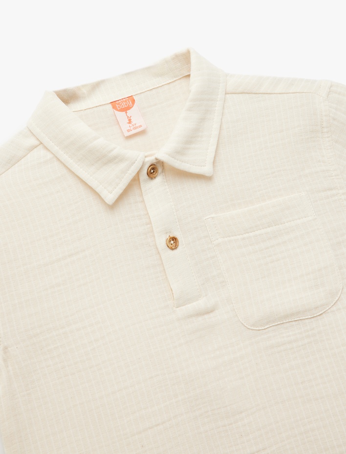 Erkek Bebek Pamuklu Düğme Detaylı Cepli Müslin  Kısa Kollu Gömlek