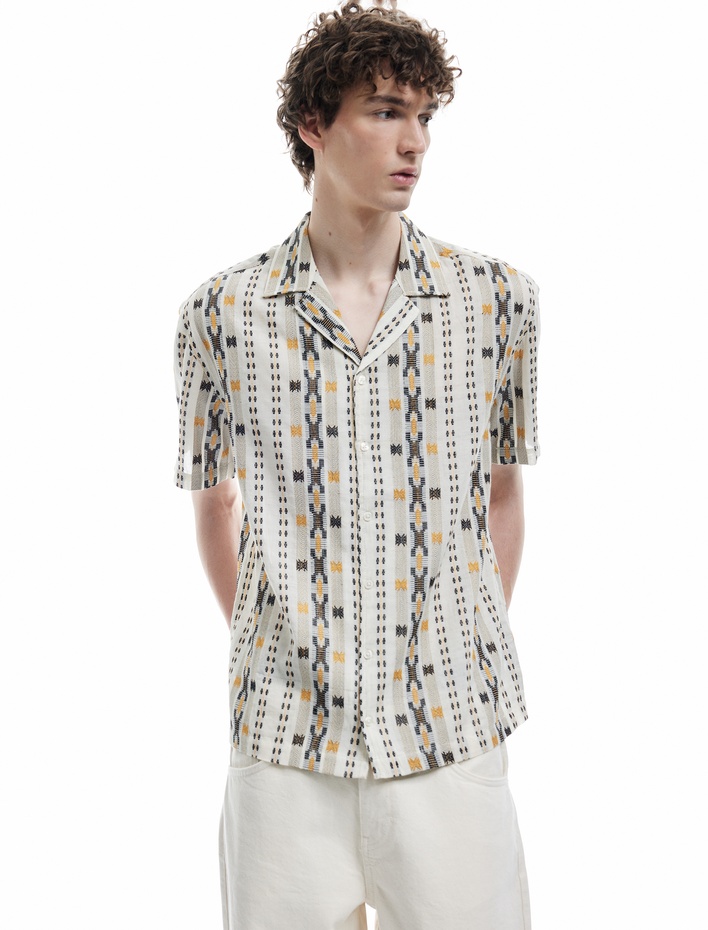  Kısa Kollu Gömlek Yaka Pamuklu Desenli Gömlek