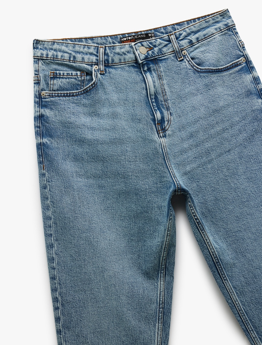   Düğmeli Cepli Pamuklu Loose Fit Jean Pantolon - Loose Straight Fit Jean