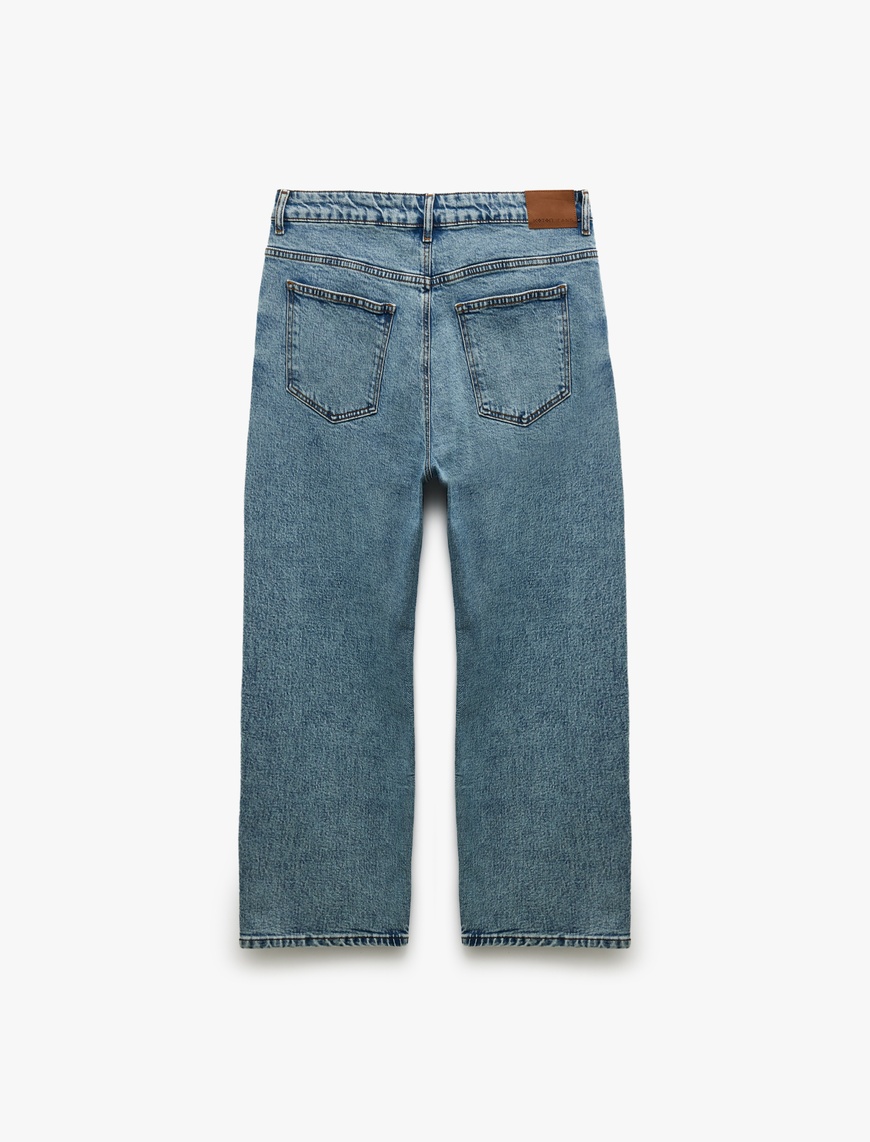   Düğmeli Cepli Pamuklu Loose Fit Jean Pantolon - Loose Straight Fit Jean