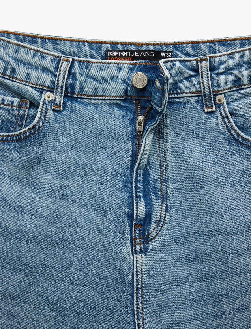   Düğmeli Cepli Pamuklu Loose Fit Jean Pantolon - Loose Straight Fit Jean