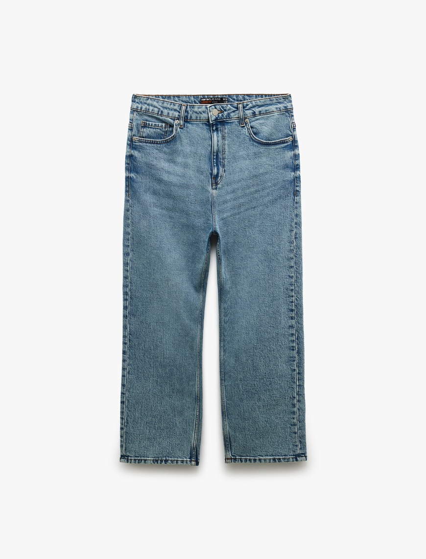   Düğmeli Cepli Pamuklu Loose Fit Jean Pantolon - Loose Straight Fit Jean