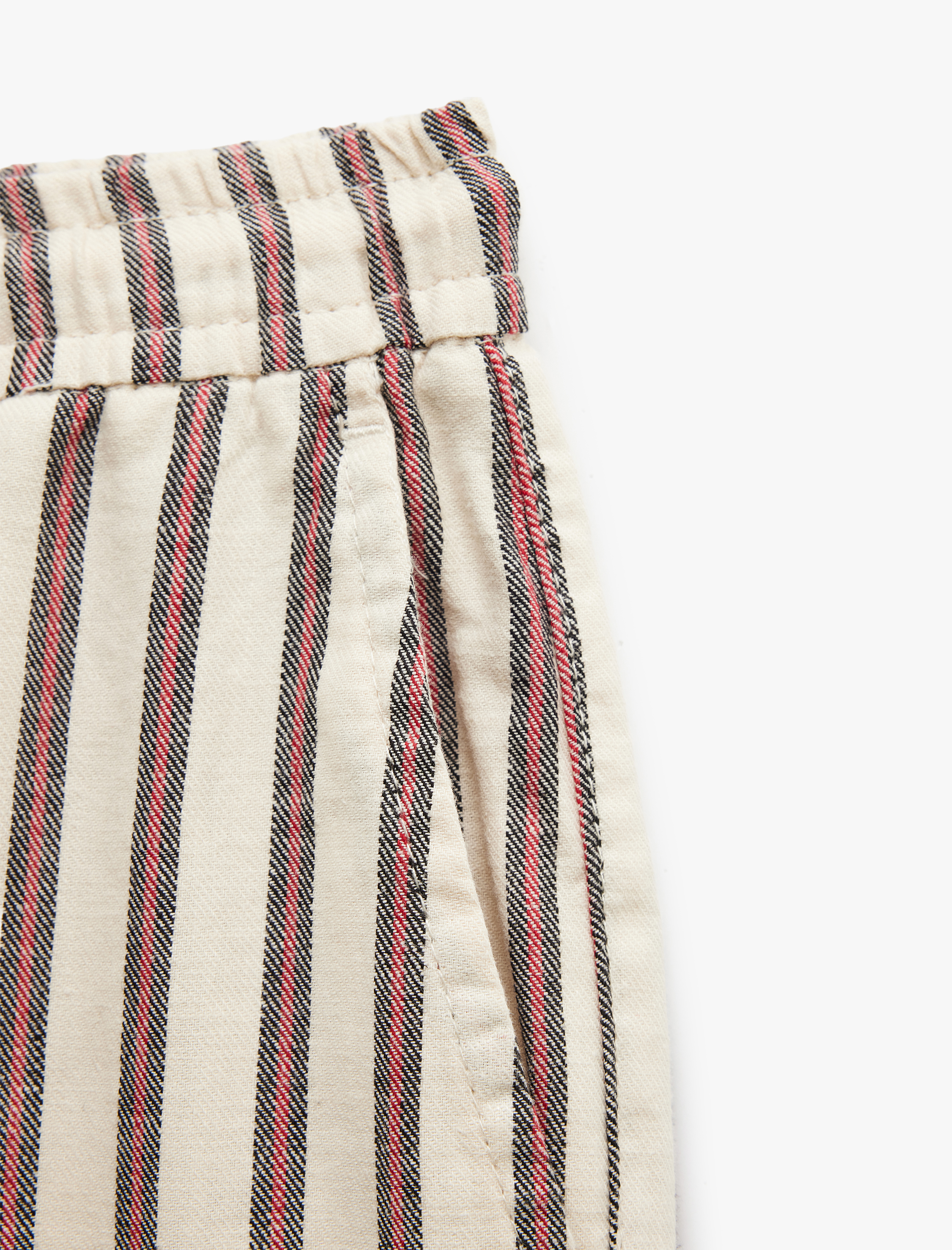   Keten Karışımlı Cep Detaylı Bermuda Çizgili Beli Bağcıklı Şort