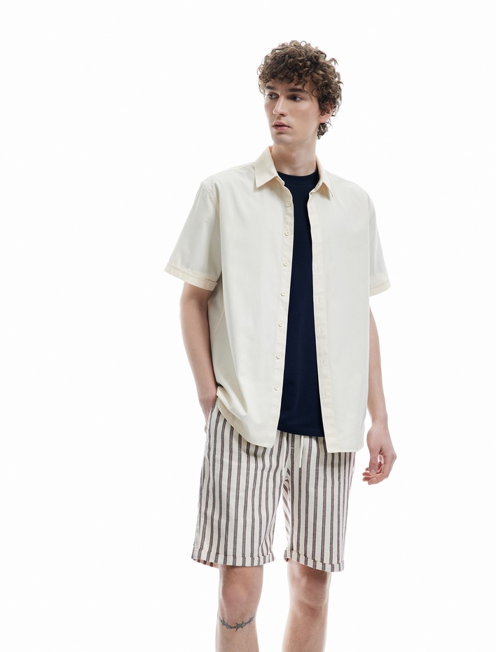  Keten Karışımlı Cep Detaylı Bermuda Çizgili Beli Bağcıklı Şort
