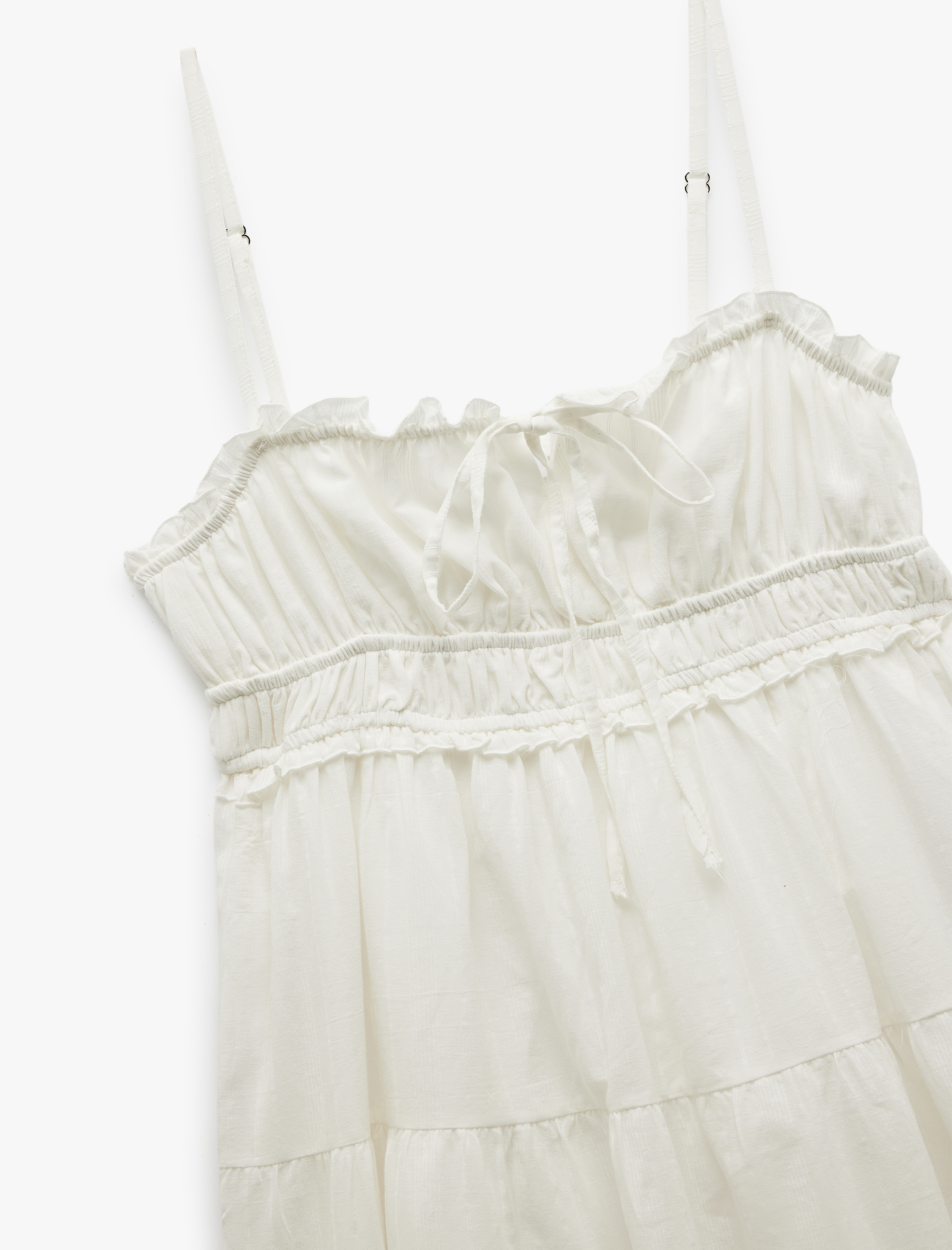   Büzgülü Bağcıklı Yaka Askılı Katlı Mini Elbise