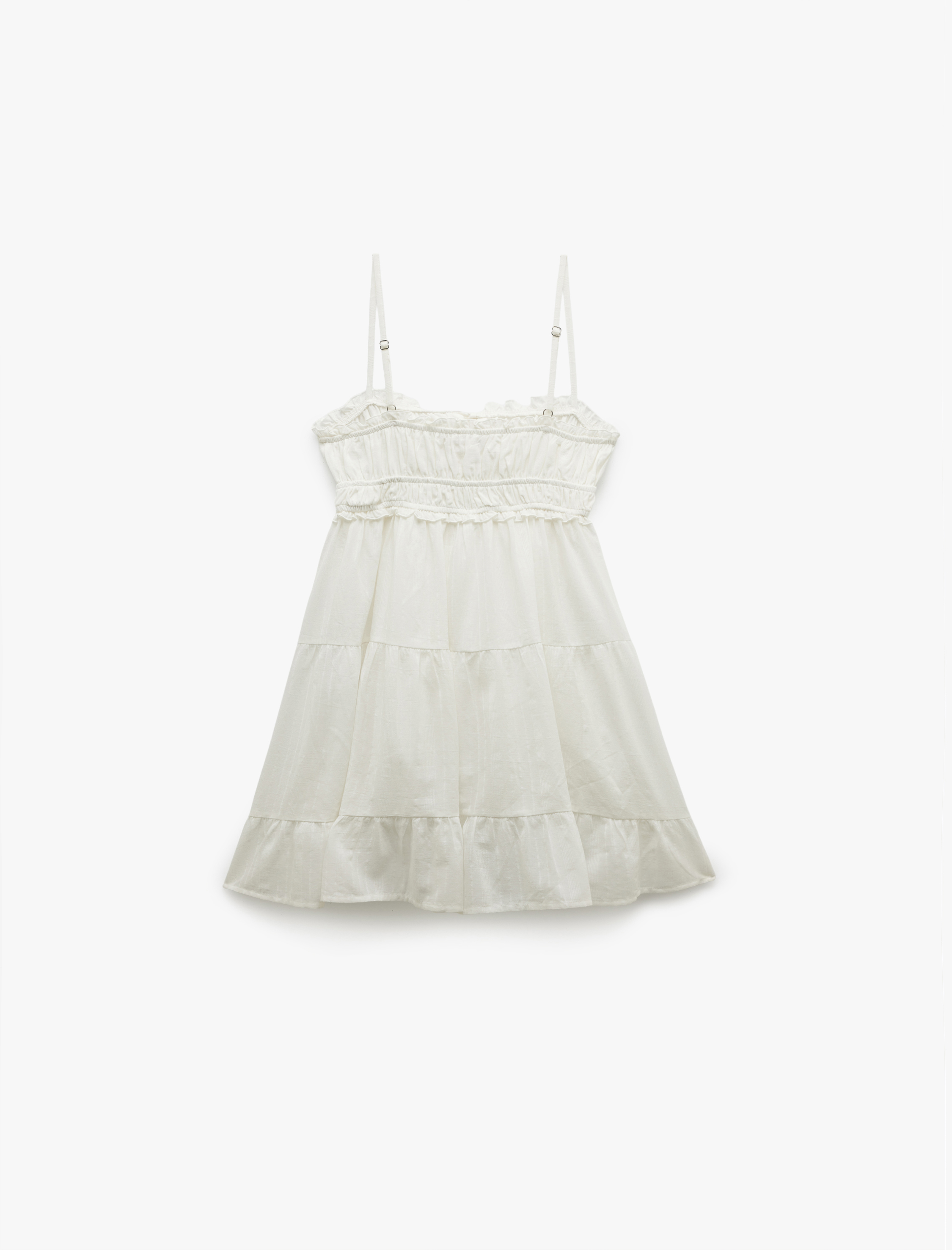   Büzgülü Bağcıklı Yaka Askılı Katlı Mini Elbise