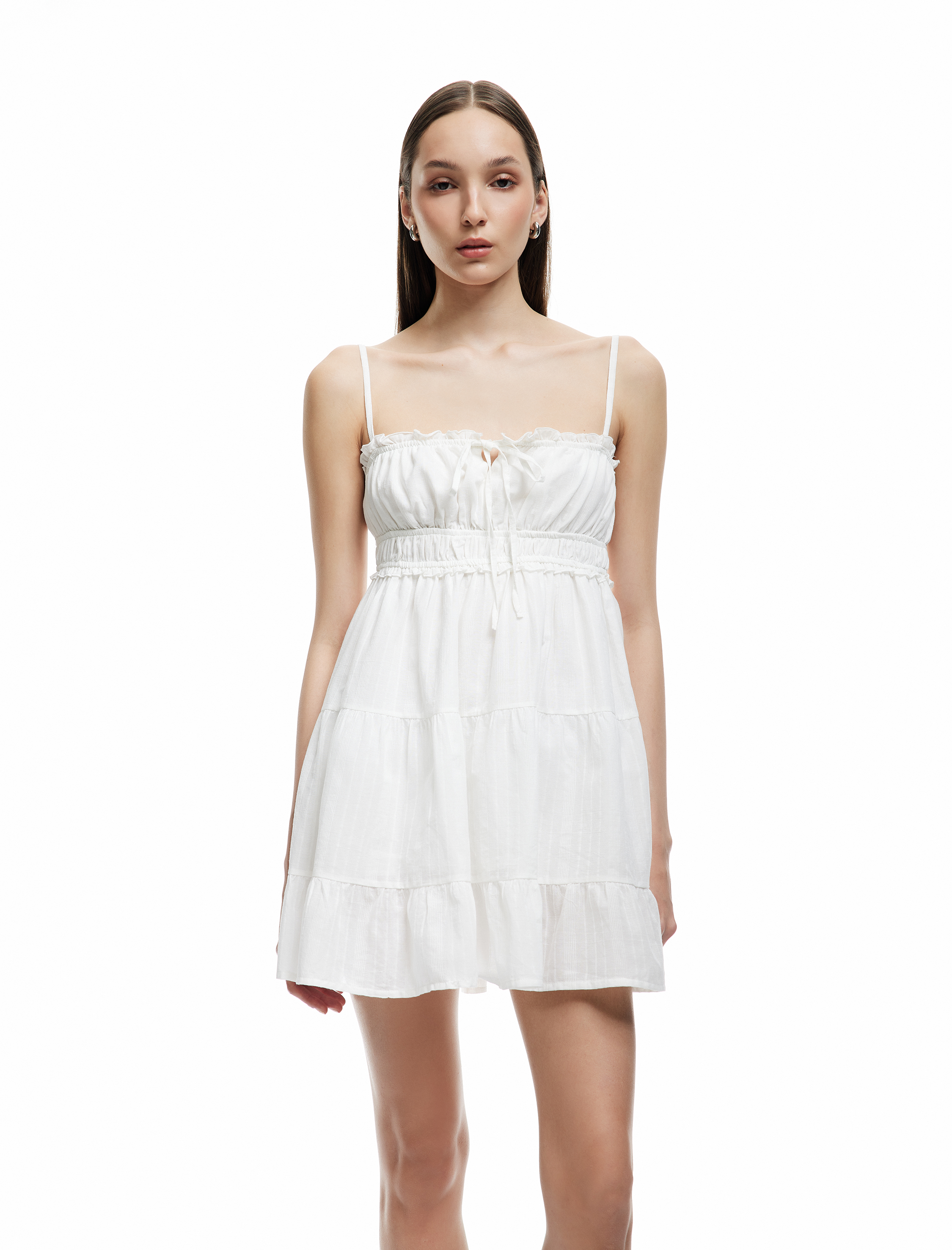   Büzgülü Bağcıklı Yaka Askılı Katlı Mini Elbise