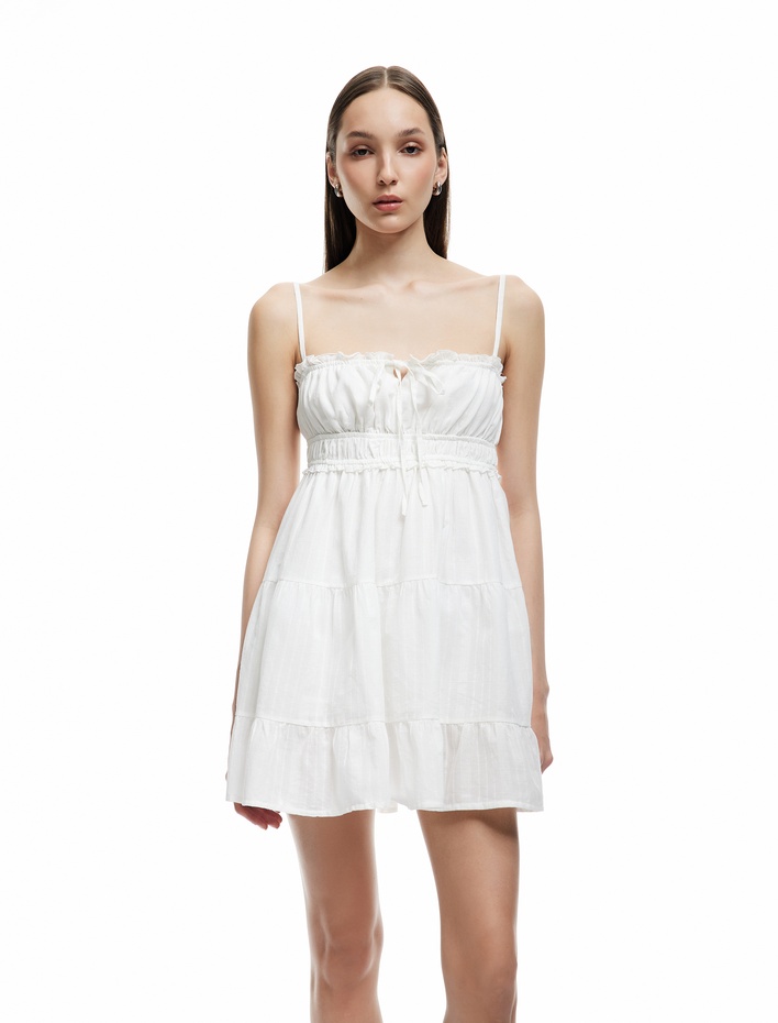  Büzgülü Bağcıklı Yaka Askılı Katlı Mini Elbise