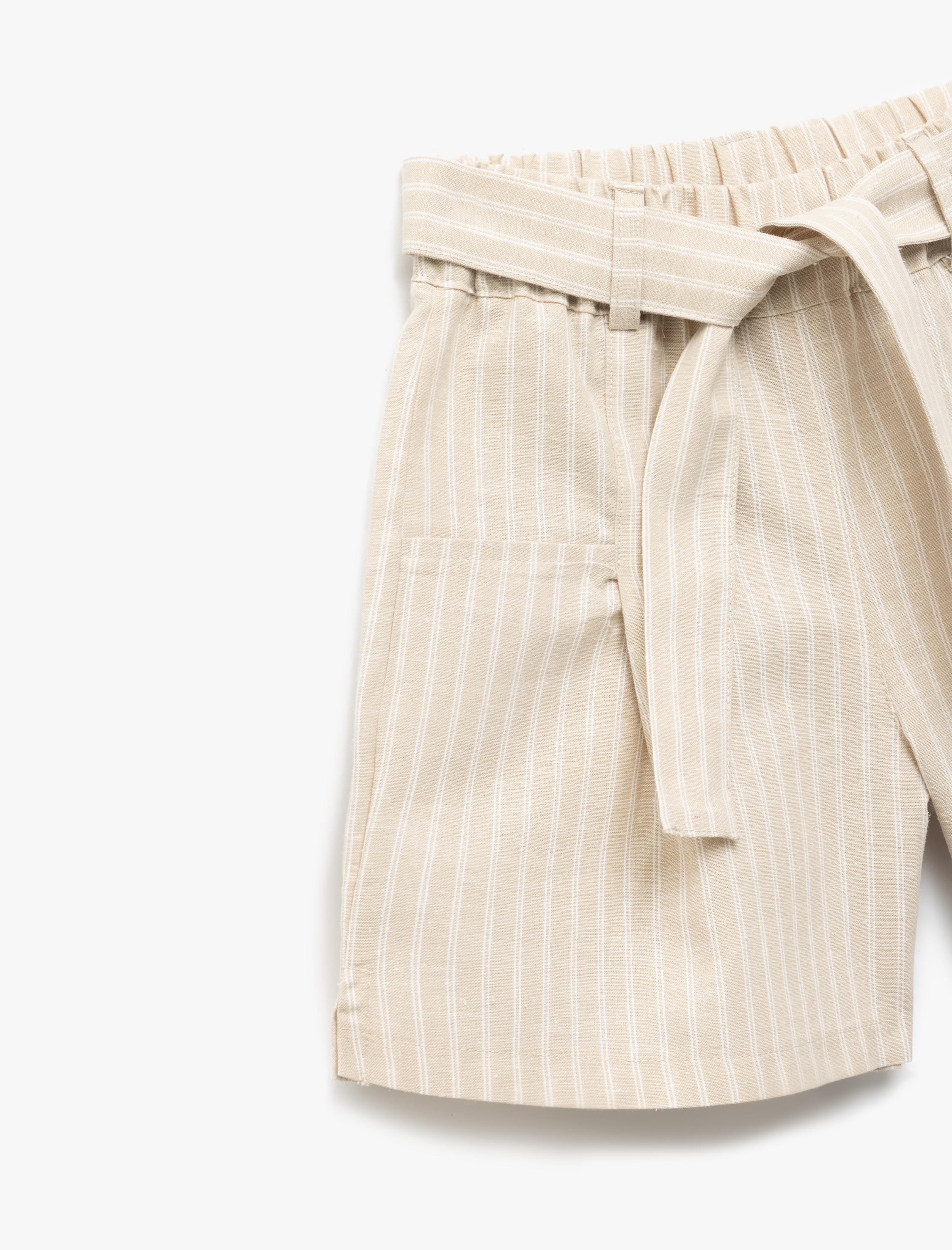  Kız Çocuk Keten Karışımlı Kemerli Çizgili Şort