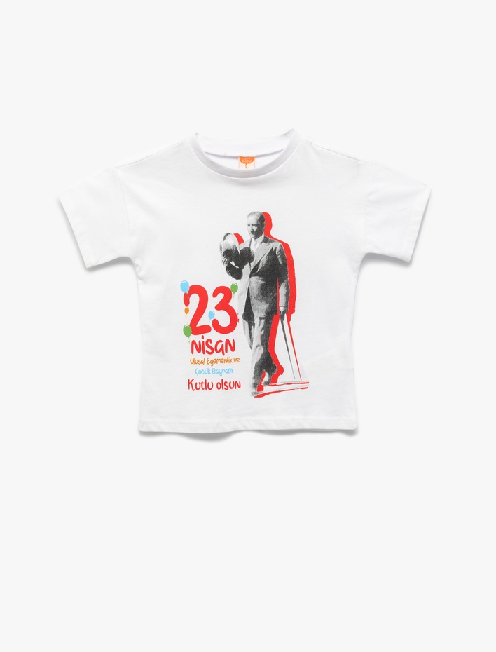 Erkek Bebek Pamuklu Kısa Kollu Bisiklet Yaka Atatürk ve 23 Nisan Baskılı Tişört