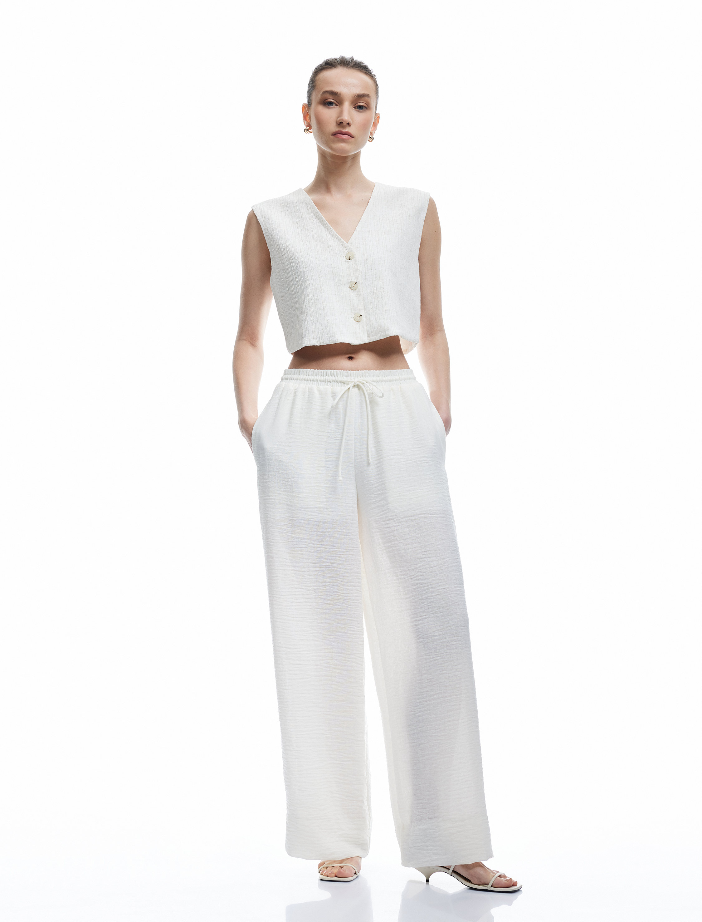 Astarlı Beli Bağlamalı Lastikli Yüksek Bel Cepli Geniş Paça Pantolon