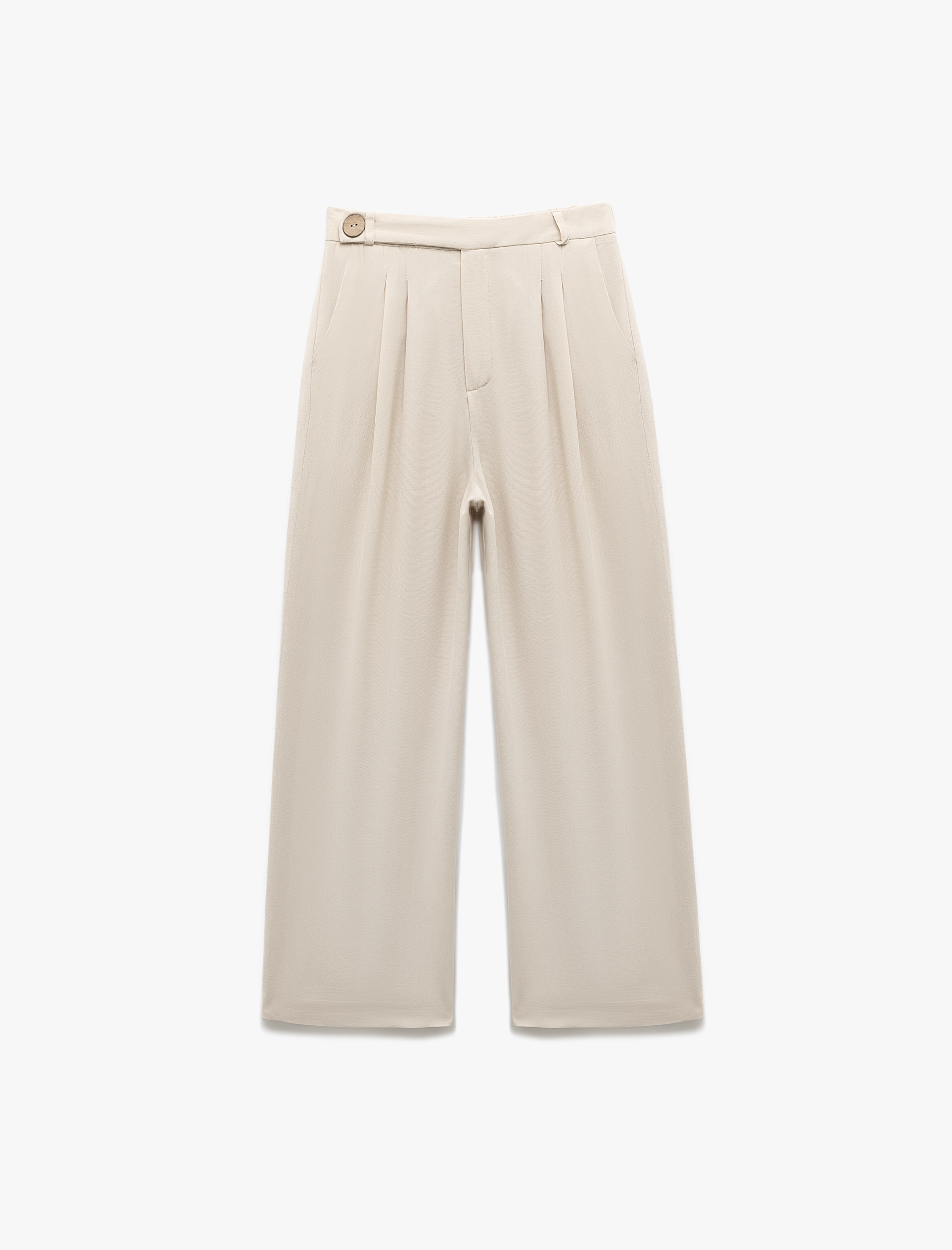 Viskon Keten Karışımlı Pileli Cepli Geniş Paça Palazzo Pantolon